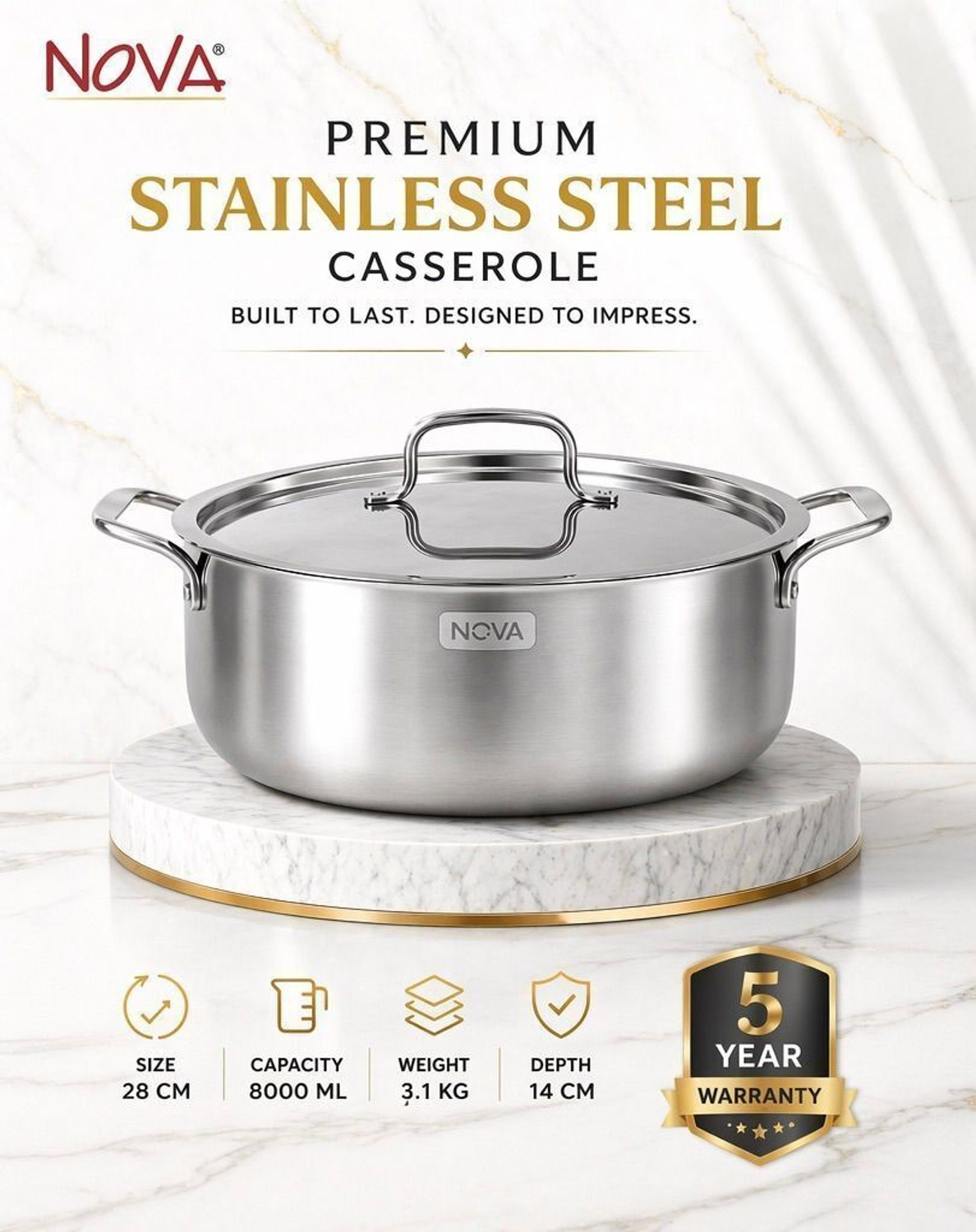 Image of NOVA NOVA TRIPLY STAINLESS STEEL CASSEROLE 24CM 5000ML Cook and Serve Casserole