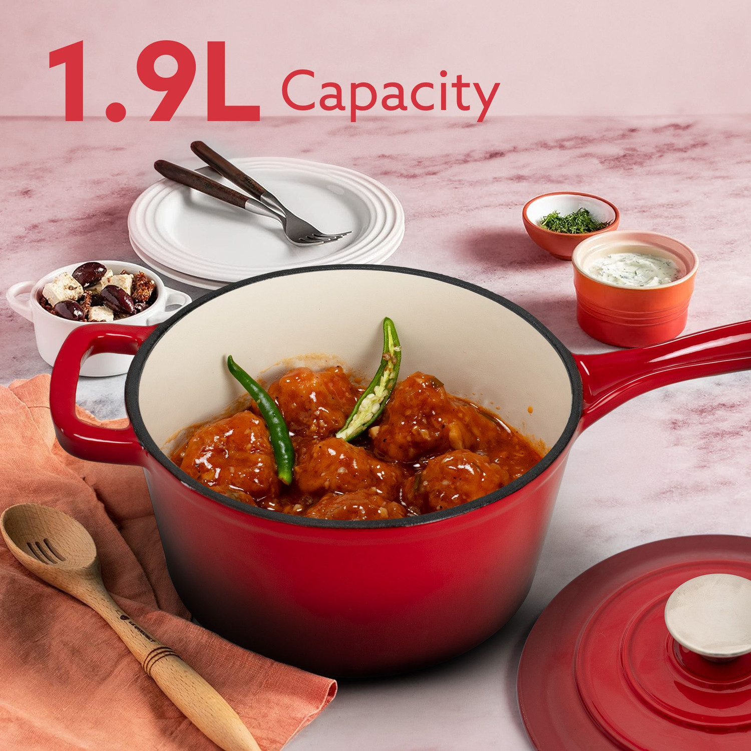Image of AGARO Royal Enamelled Cast Iron Sauce Pan with Lid, 19 Cm Diameter, 1.9 Liter Capacity Cook and Serve Casserole
