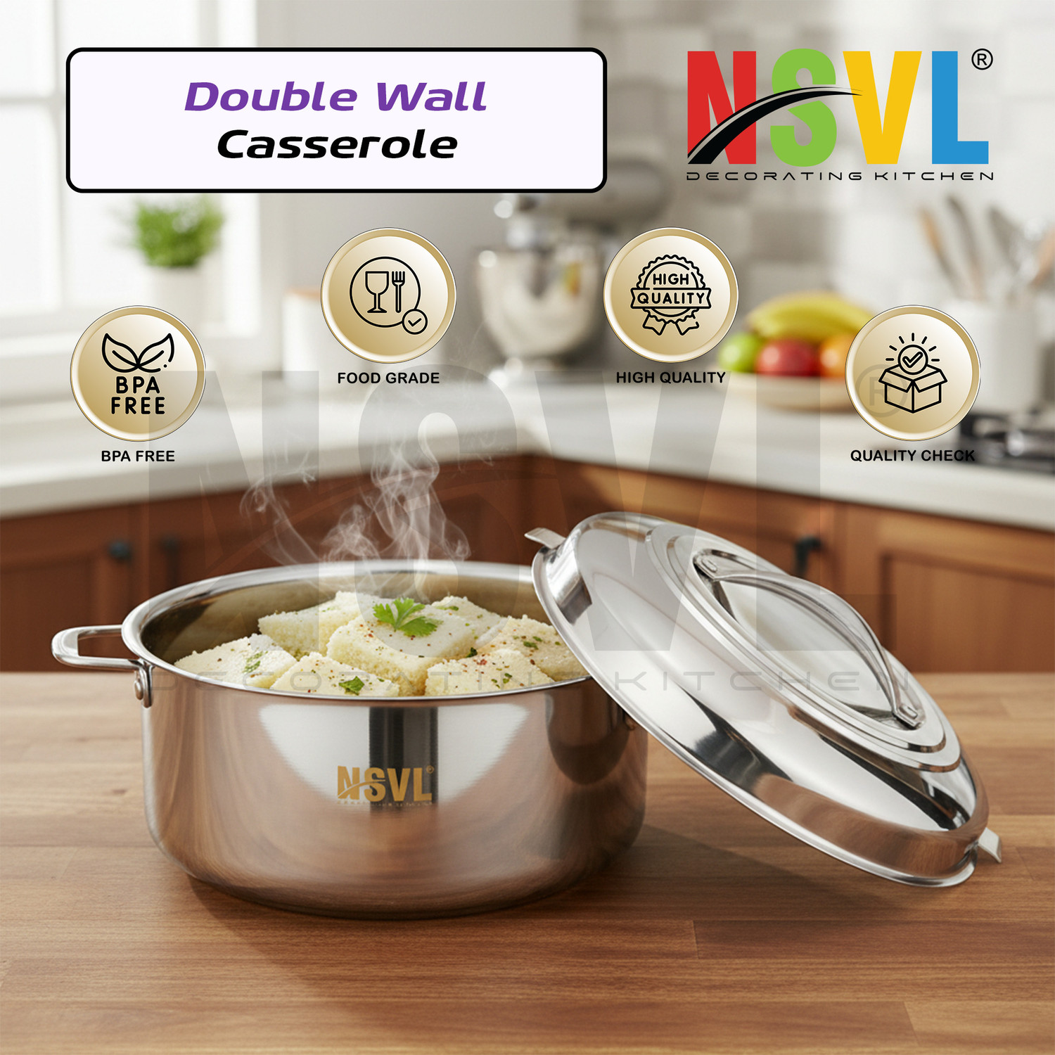 Image of NSVL Stainless Steel Double Insulated Hot Pot Thermoware Casserole Pack of 3 Cook and Serve Casserole Set