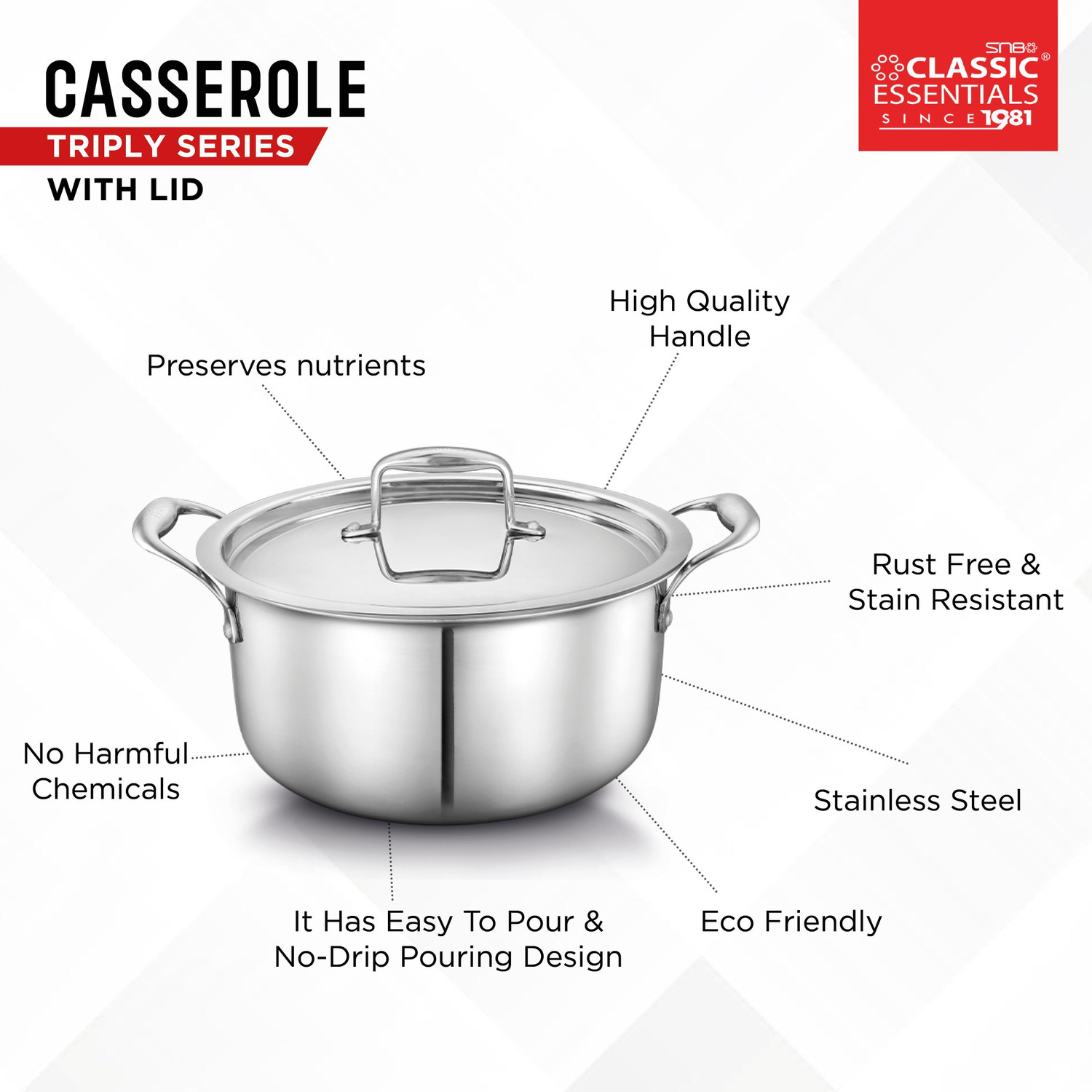 Image of Classic Essentials Triply Stainless Steel Casserole with Lid & Handle, Dia. 18cm, Biryani Pot Cook and Serve Casserole