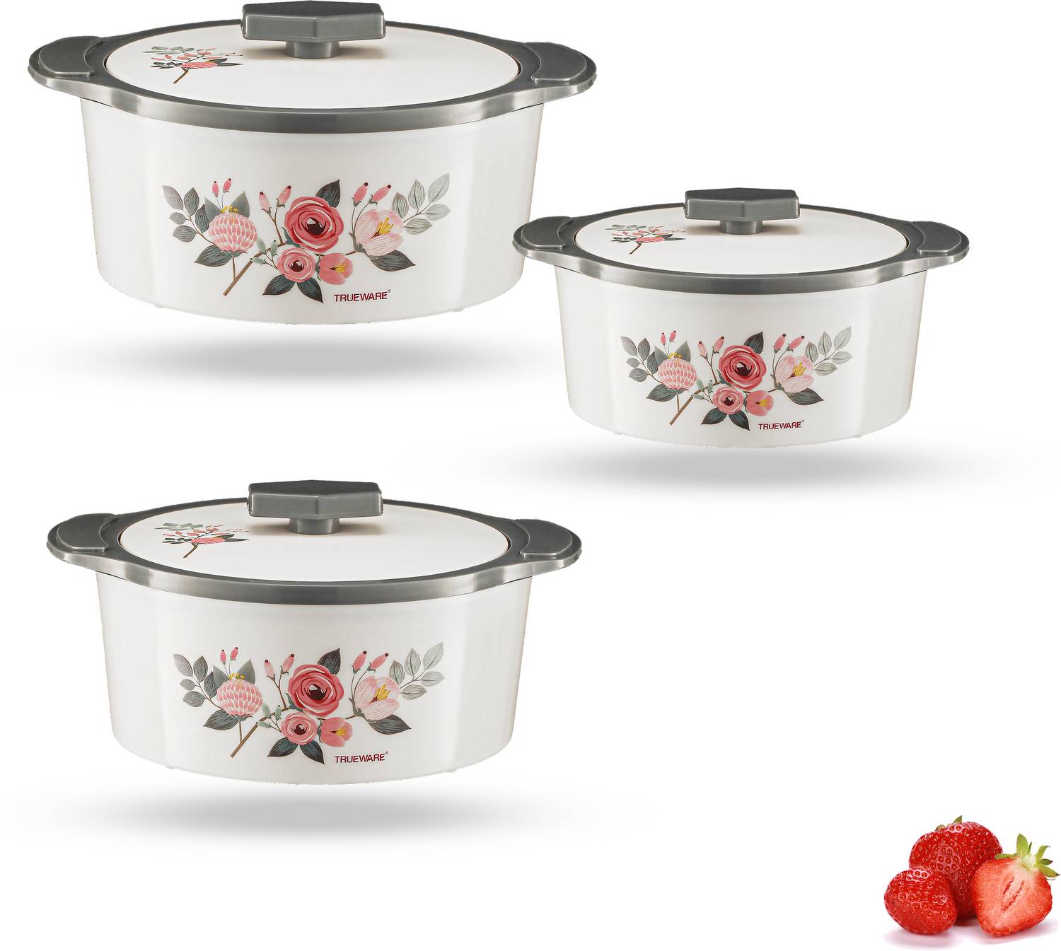 Trueware Floraa Inner Steel Outer Plastic Pack of 3 Thermoware Casserole