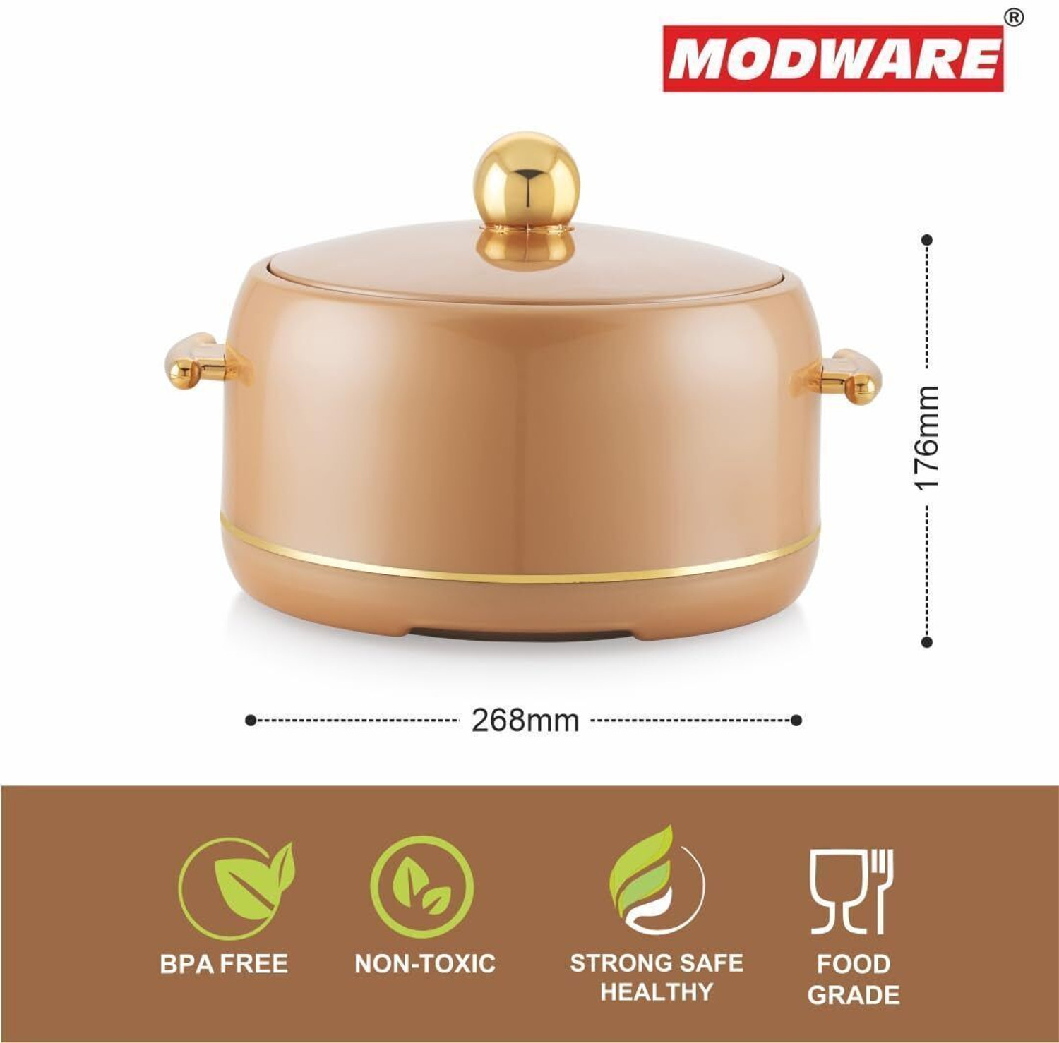 Image of MODWARE Atlantis 2000ml Inner Steel Hot Casserole Hotpot Box For Roti, Brown Serve Casserole