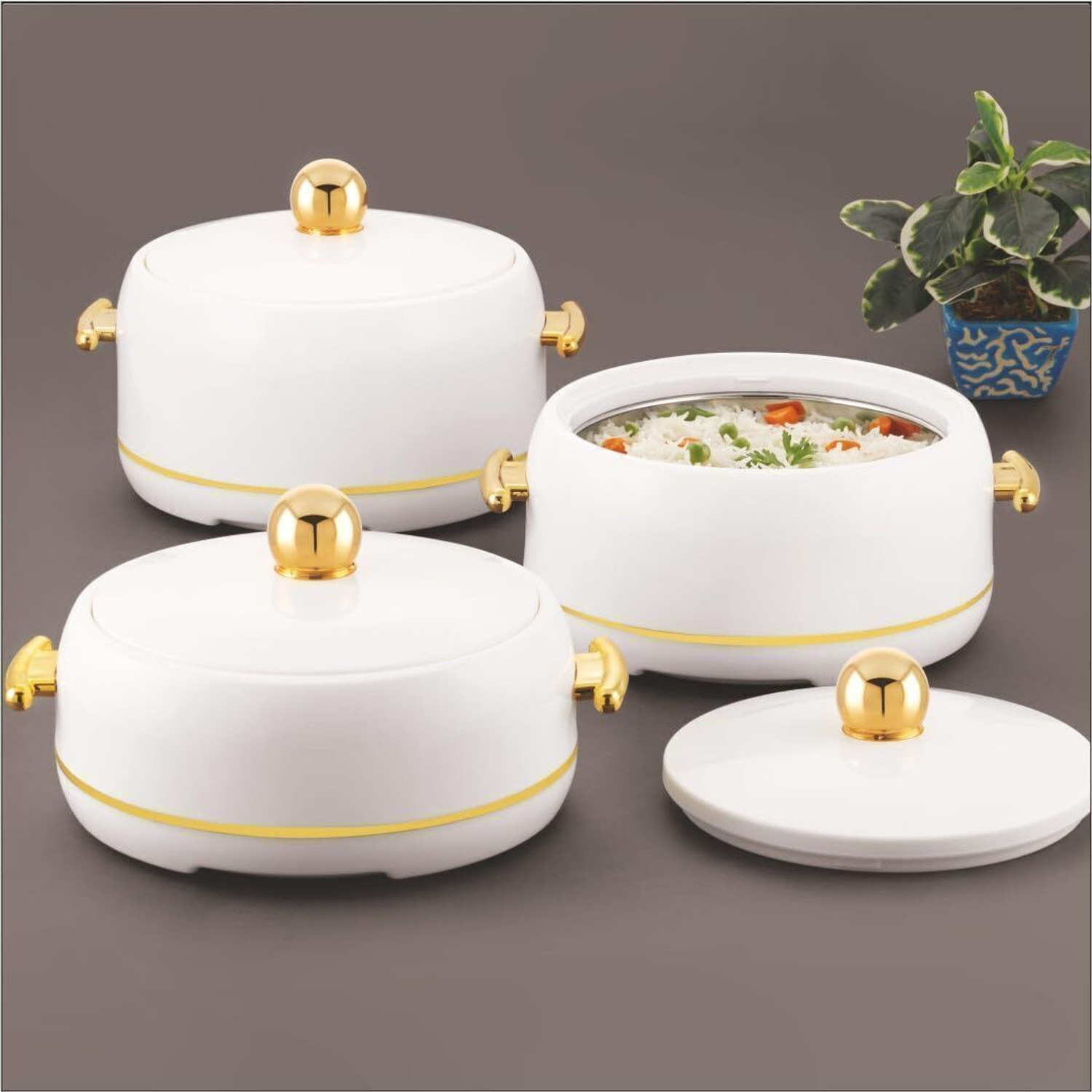 Image of MODWARE Atlantis Casserole Set 3-1500,2000,2500ml Elegant Design Premium Hot Pot|White Pack of 3 Serve Casserole Set