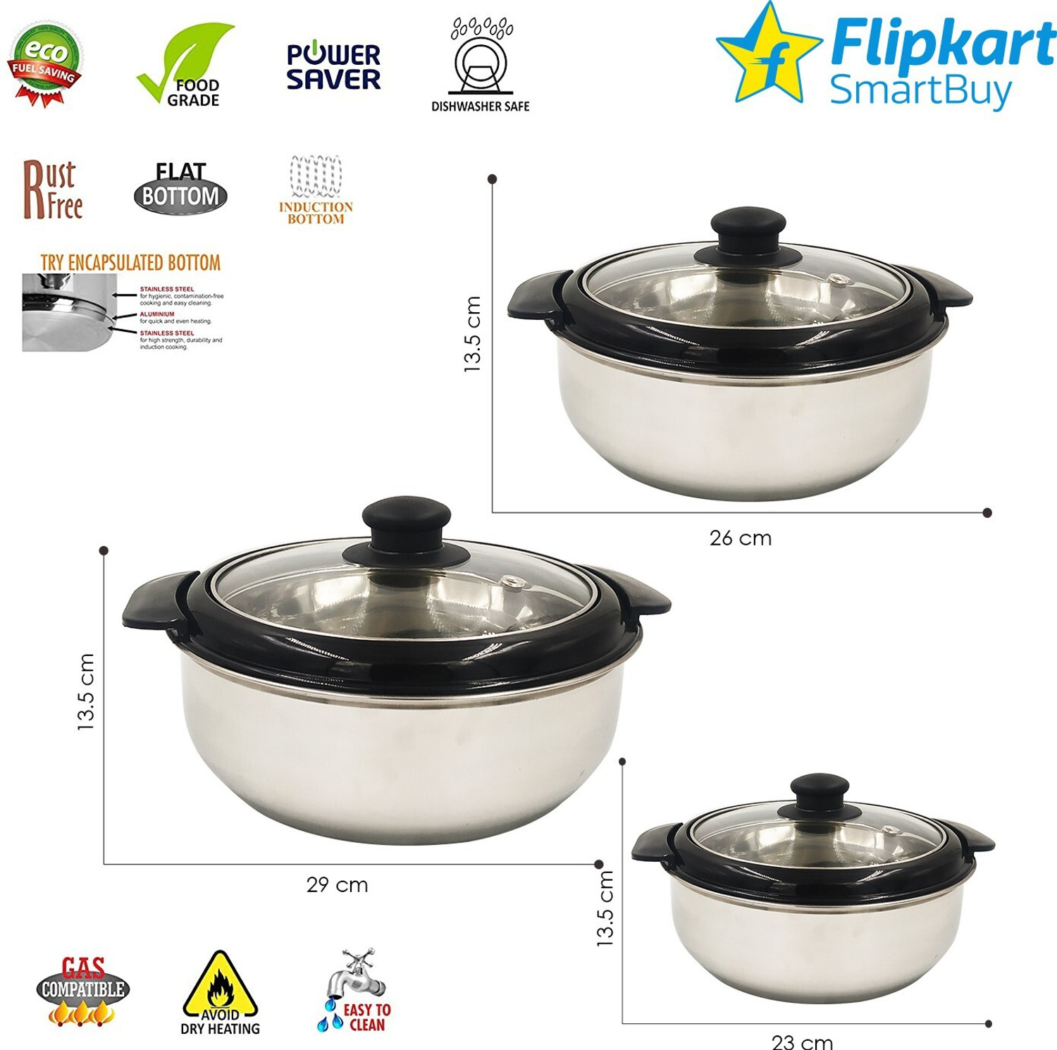 Image of Flipkart SmartBuy Stainless Steel Casserole with Glass Lid Pack of 3 Thermoware Casserole Set