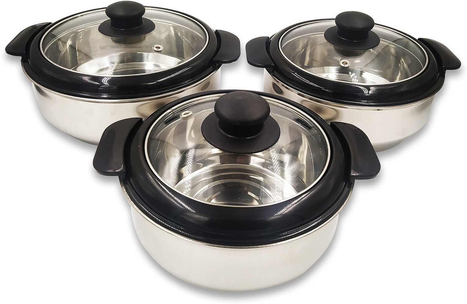 Image of Flipkart SmartBuy Stainless Steel Casserole with Glass Lid Pack of 3 Thermoware Casserole Set