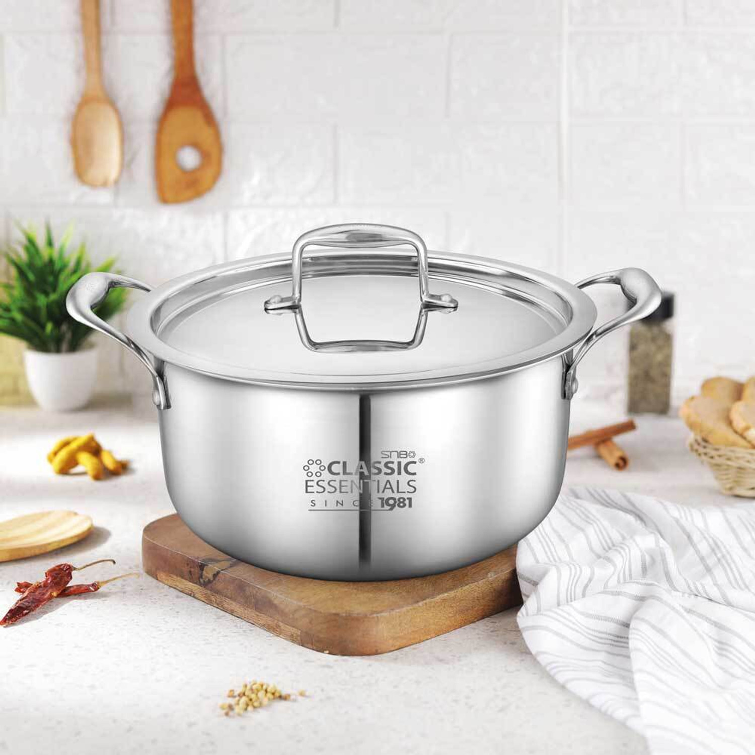 Image of Classic Essentials Triply Stainless Steel Casserole with Lid & Handle, Dia. 18cm, Biryani Pot Cook and Serve Casserole