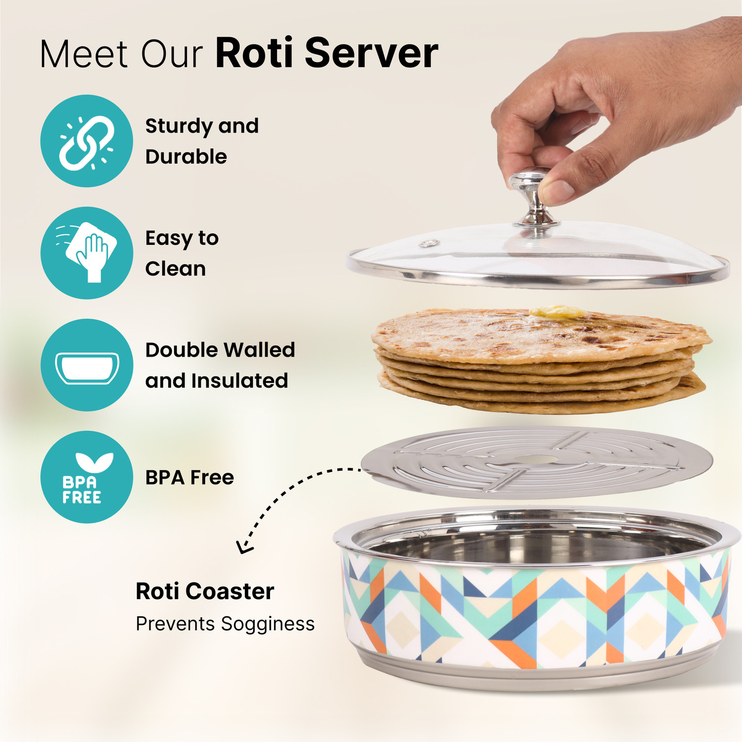 Image of The Better Home Stainless Steel Insulated Casserole For Roti| Roti Storage Box | Chapati Box Serve Casserole