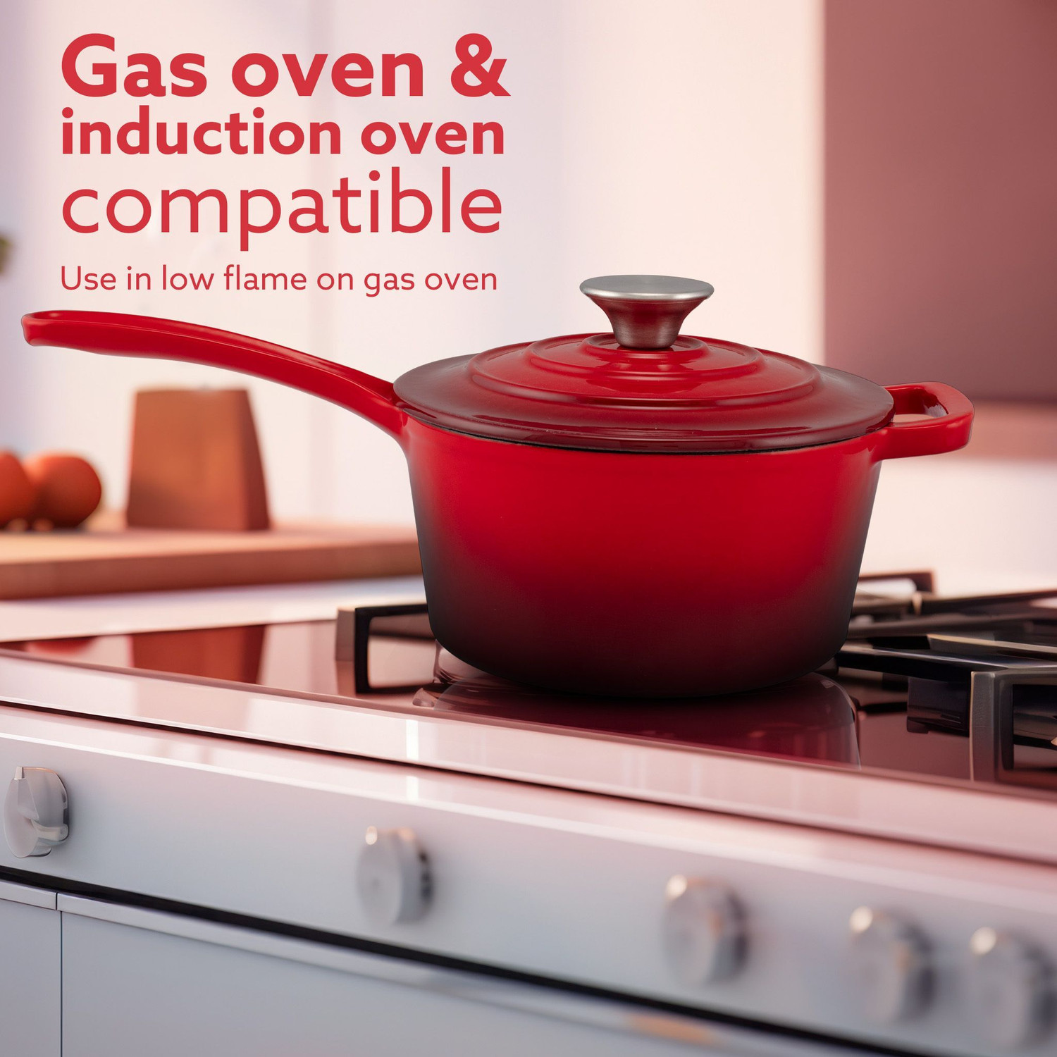 Image of AGARO Royal Enamelled Cast Iron Sauce Pan with Lid, 19 Cm Diameter, 1.9 Liter Capacity Cook and Serve Casserole