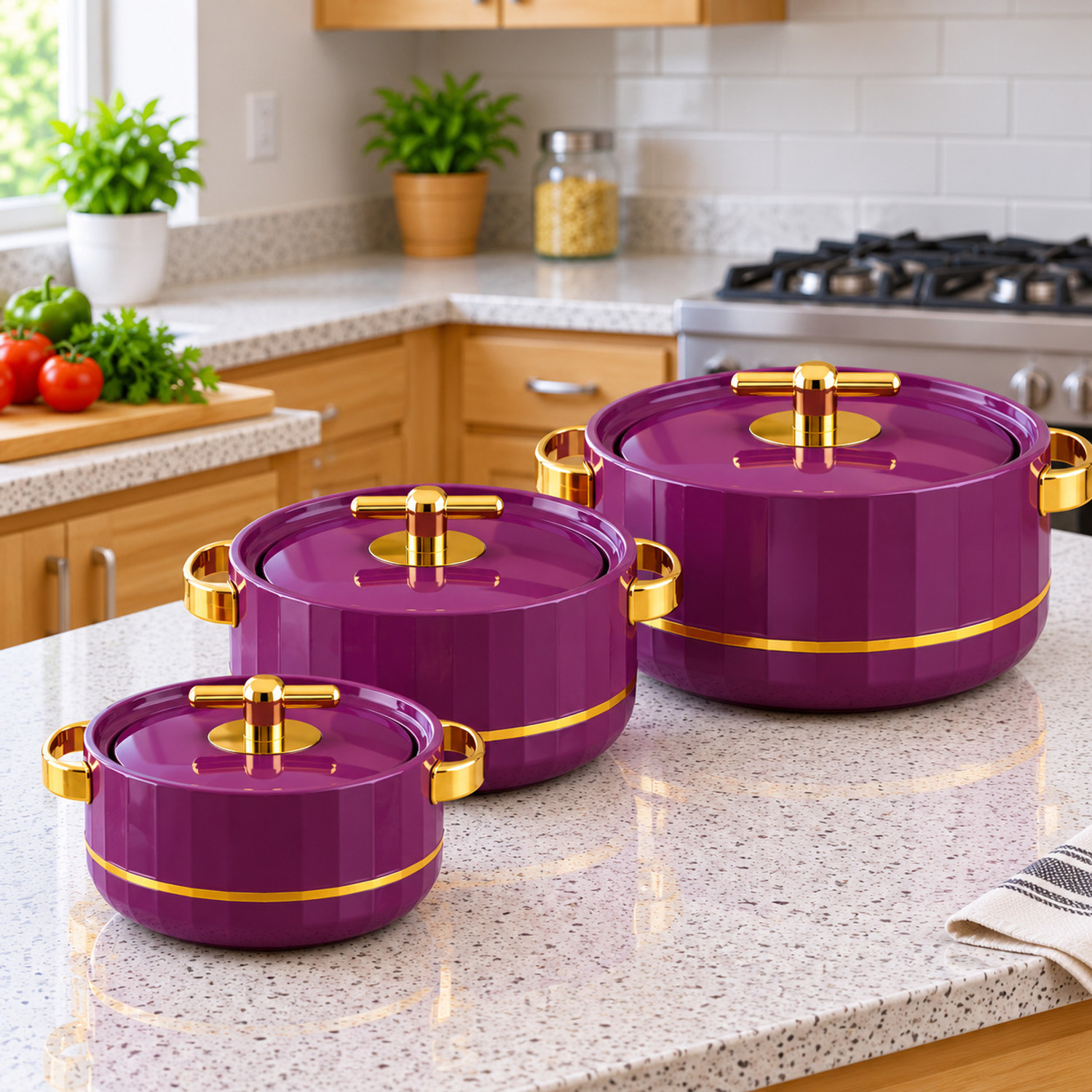 Bola Deluxe Decor Plastic Inner Stainless Steel Insulated Casserole Pack of 3 Thermoware Casserole Set