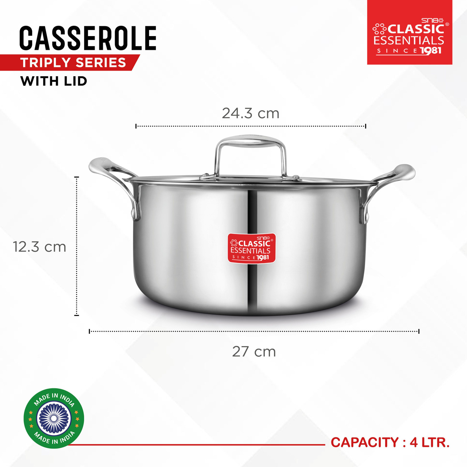 Image of Classic Essentials Triply Stainless Steel Casserole with Lid & Handle, Dia. 18cm, Biryani Pot Cook and Serve Casserole