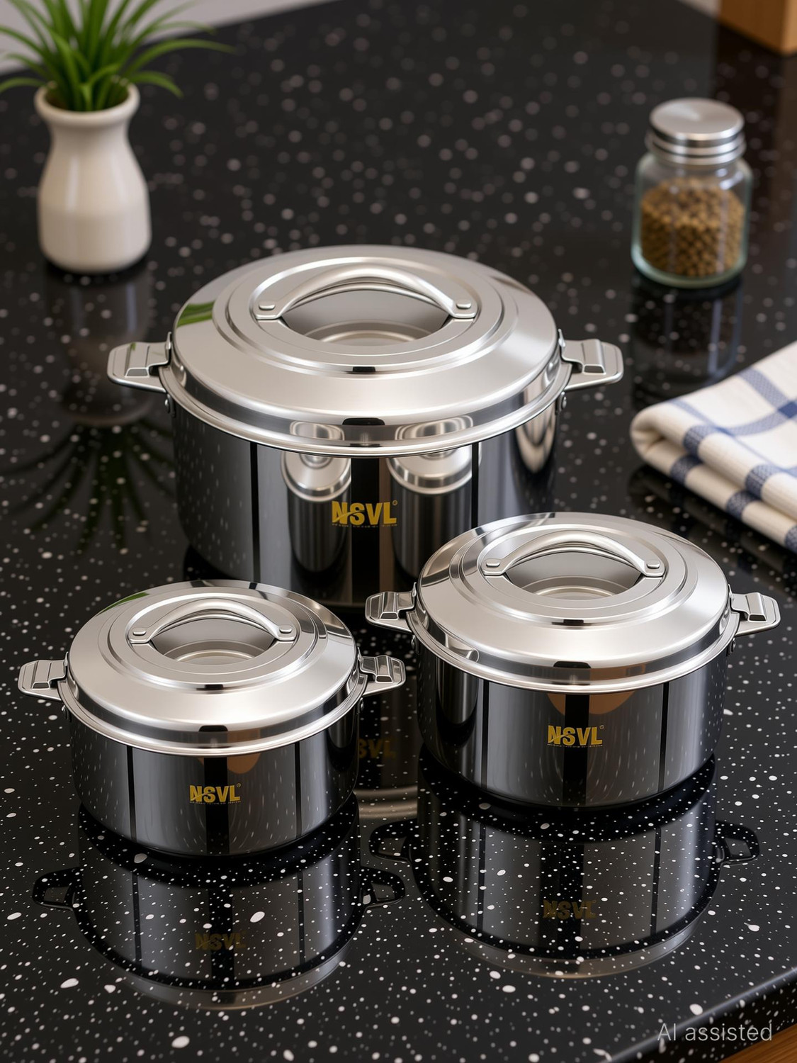 Image of NSVL Stainless Steel Double Insulated Hot Pot Thermoware Casserole Pack of 3 Cook and Serve Casserole Set