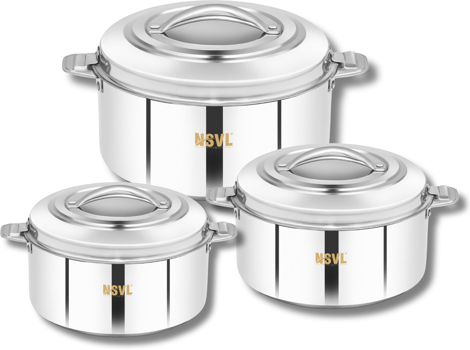 Image of NSVL Stainless Steel Double Insulated Hot Pot Thermoware Casserole Pack of 3 Cook and Serve Casserole Set