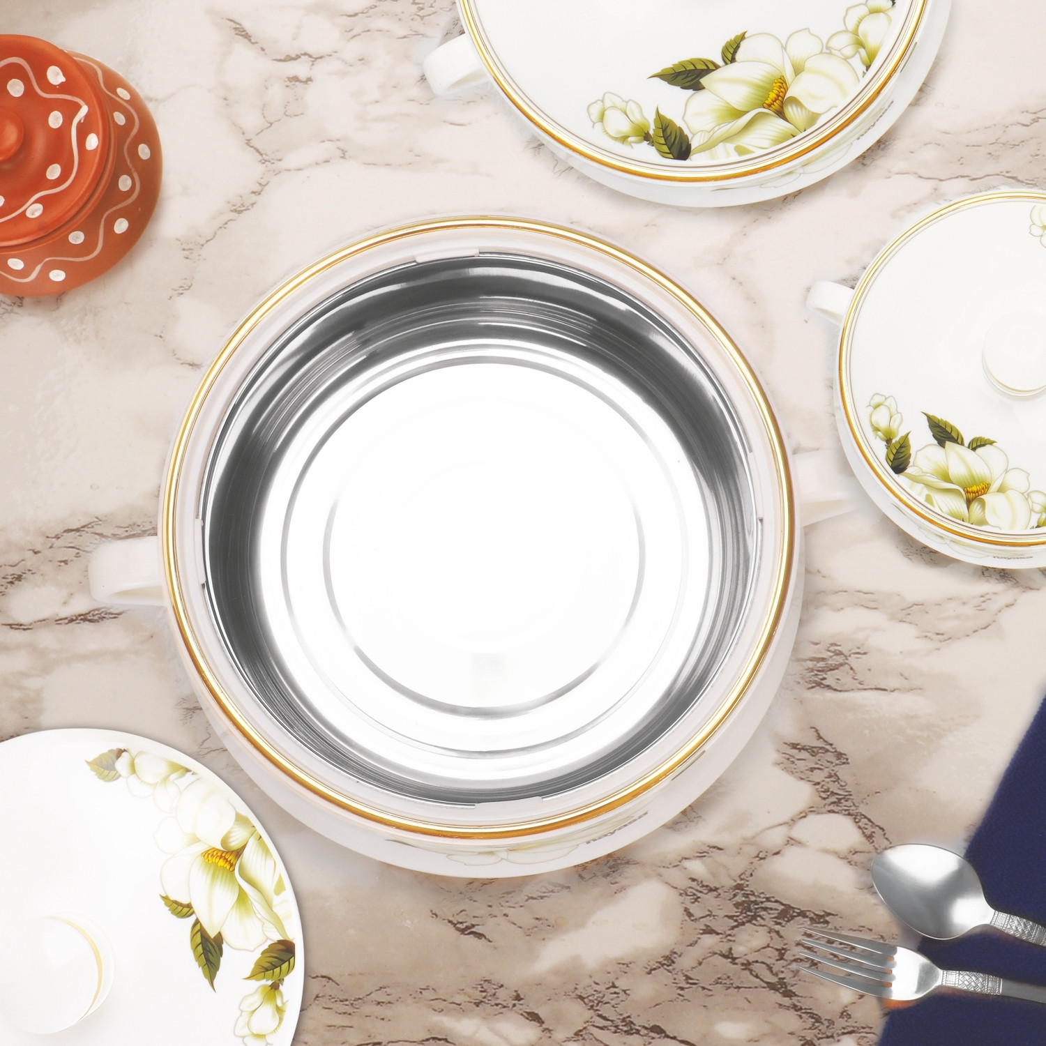 Image of NAYASA Lorenzo Insulated Casserole | Stainless Steel Inner | Food Grade | BPA Free | Pack of 3 Serve Casserole