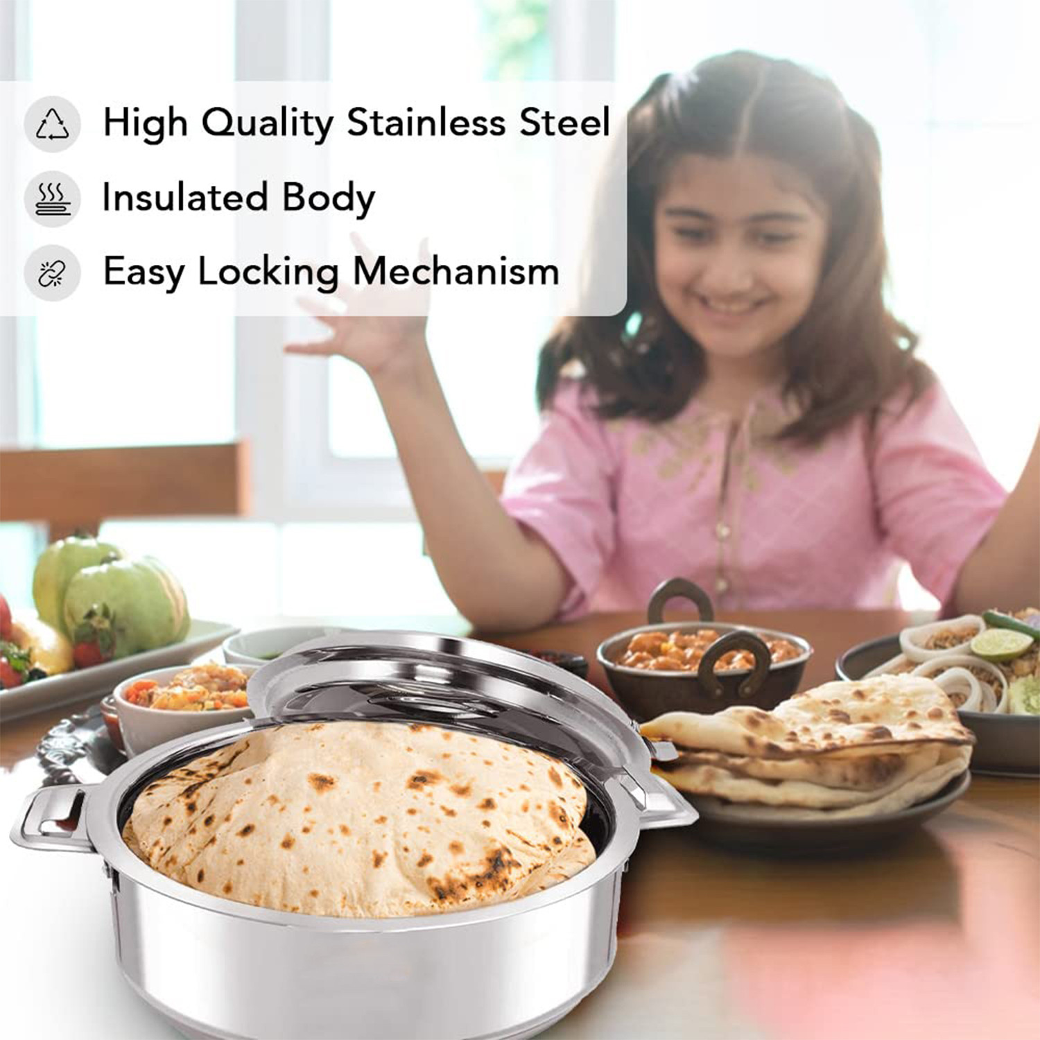 Image of KUBER INDUSTRIES Stainless Steel Casserole /Chapati Box|2000 ML, Pack of 2 Pack of 2 Serve Casserole