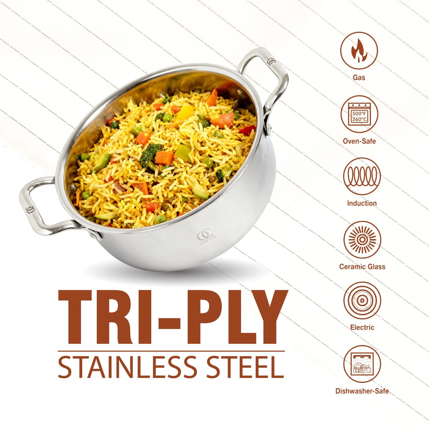 Image of Omichef Triply Stainless Steel Casserole 24CM(6Ltr) with Lid, Heavy Base Biryani Pot Cook and Serve Casserole