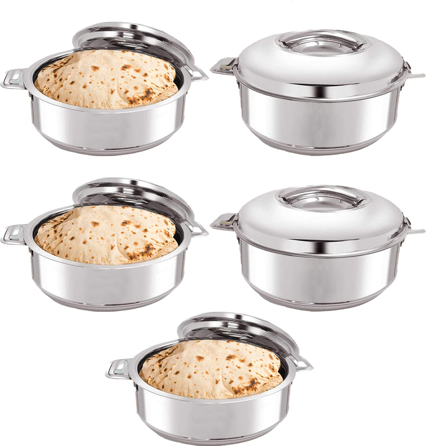 Image of KUBER INDUSTRIES Stainless Steel Casserole /Chapati Box|2000 ML, Pack of 5 Pack of 5 Serve Casserole