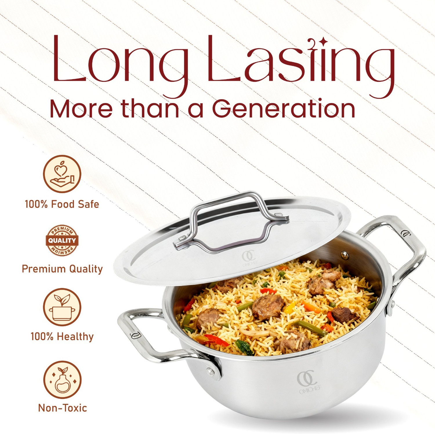 Image of Omichef Triply Stainless Steel Casserole 24CM(6Ltr) with Lid, Heavy Base Biryani Pot Cook and Serve Casserole