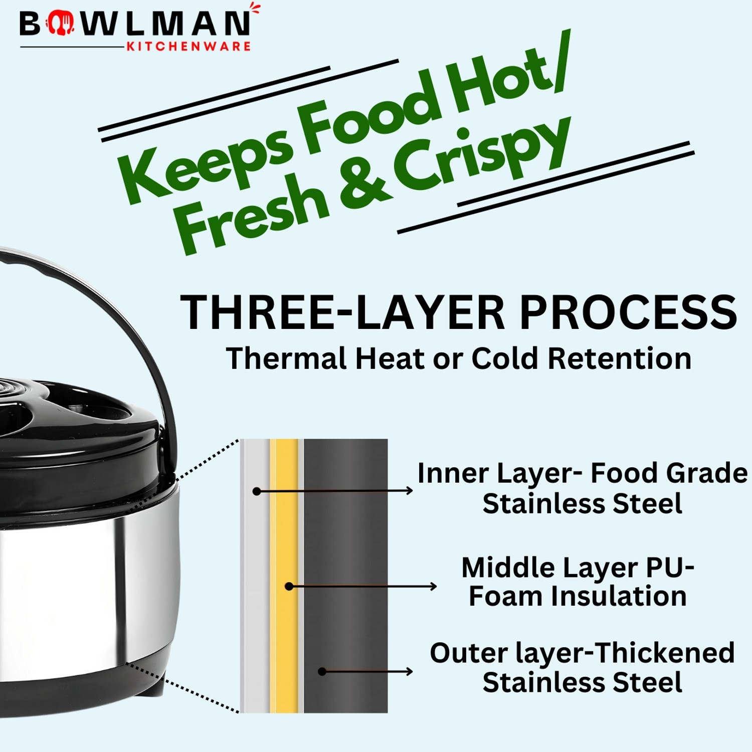 Image of BOWLMAN Hot-Pot Food Roti /Chapati Warm & Cold for Long Hour Thermal Serving Bowl Thermoware Casserole