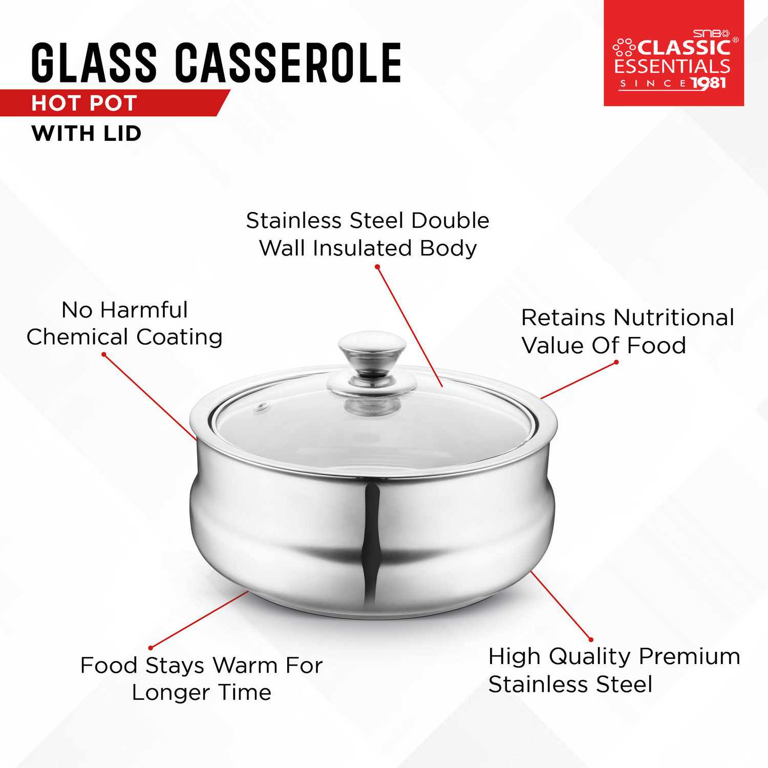 Image of Classic Essentials Stainless Steel Royal Double Wall Insulated Serving Casserole with Glass Lid, Thermoware Casserole