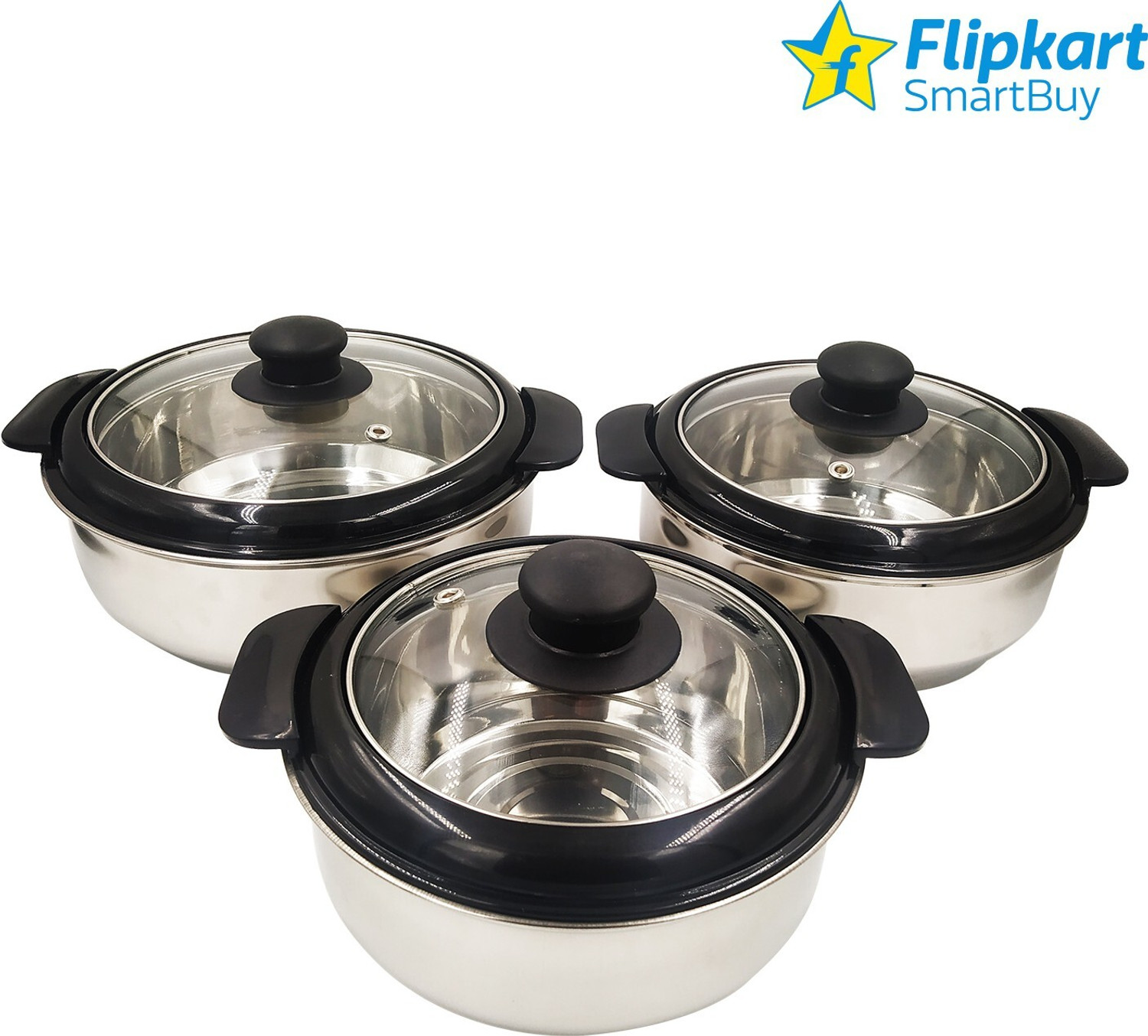Image of Flipkart SmartBuy Stainless Steel Casserole with Glass Lid Pack of 3 Thermoware Casserole Set