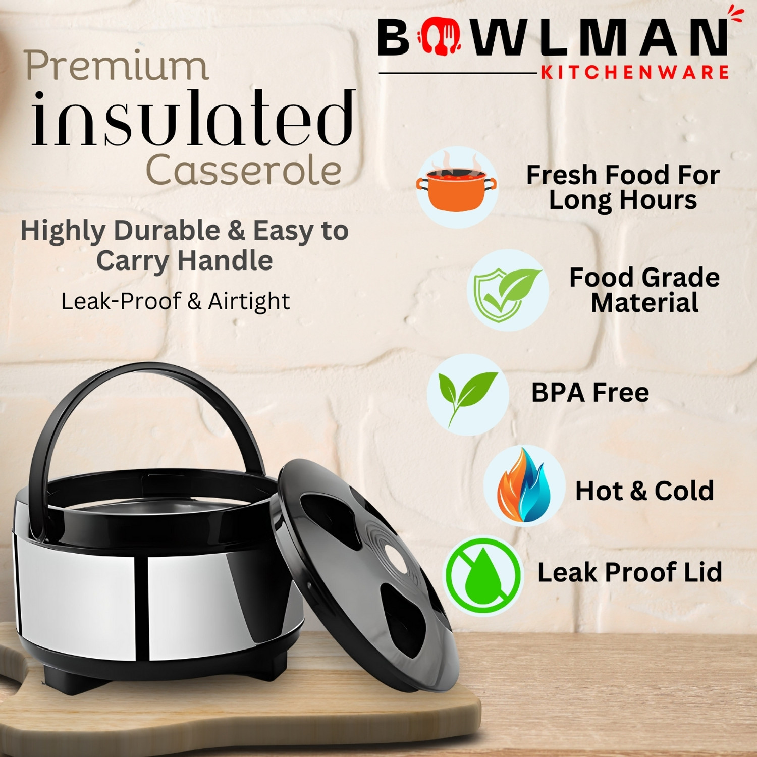 Image of BOWLMAN Hot-Pot Food Roti /Chapati Warm & Cold for Long Hour Thermal Serving Bowl Thermoware Casserole