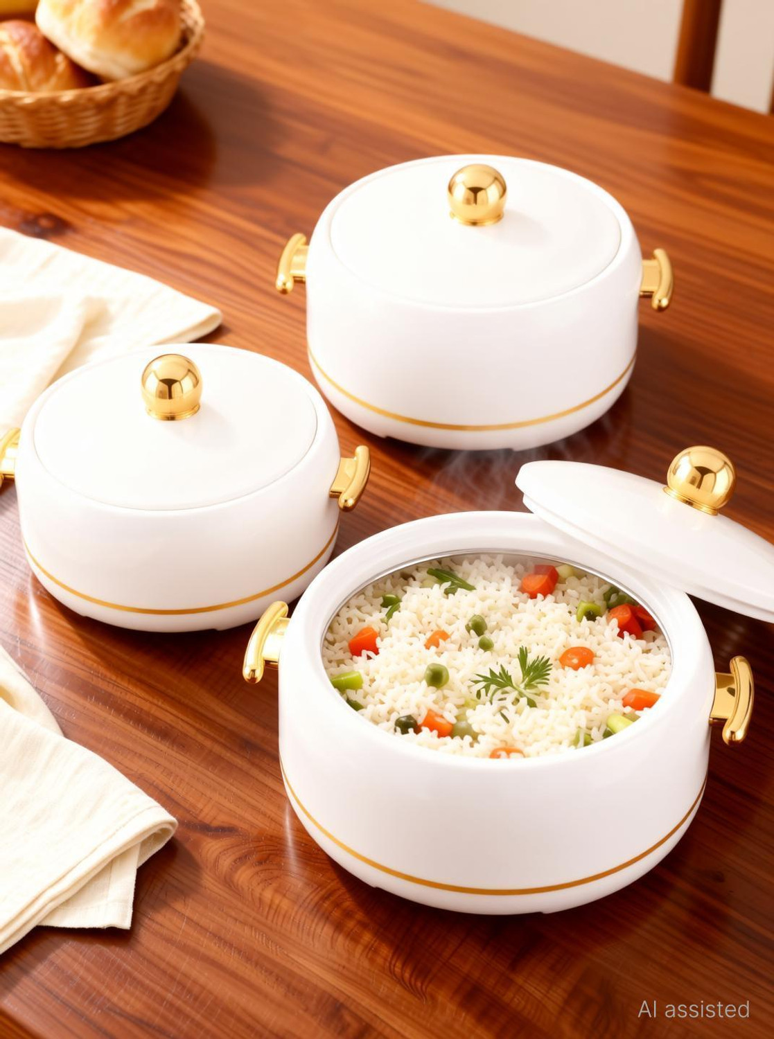 Image of MODWARE Atlantis Casserole Set 3-1500,2000,2500ml Elegant Design Premium Hot Pot|White Pack of 3 Serve Casserole Set
