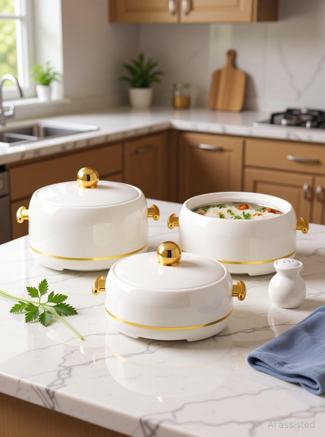 Image of MODWARE Atlantis Casserole Set 3-1500,2000,2500ml Elegant Design Premium Hot Pot|White Pack of 3 Serve Casserole Set
