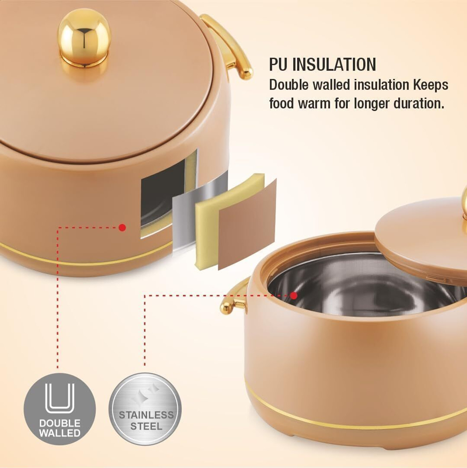 Image of MODWARE Atlantis 2000ml Inner Steel Hot Casserole Hotpot Box For Roti, Brown Serve Casserole