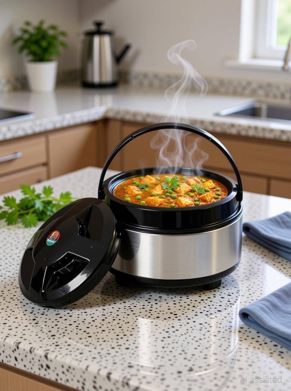 AE Maharani Stainless Steel Casserole Hot Case with Lid, (1200 ml, Black and Silver) Thermoware Casserole