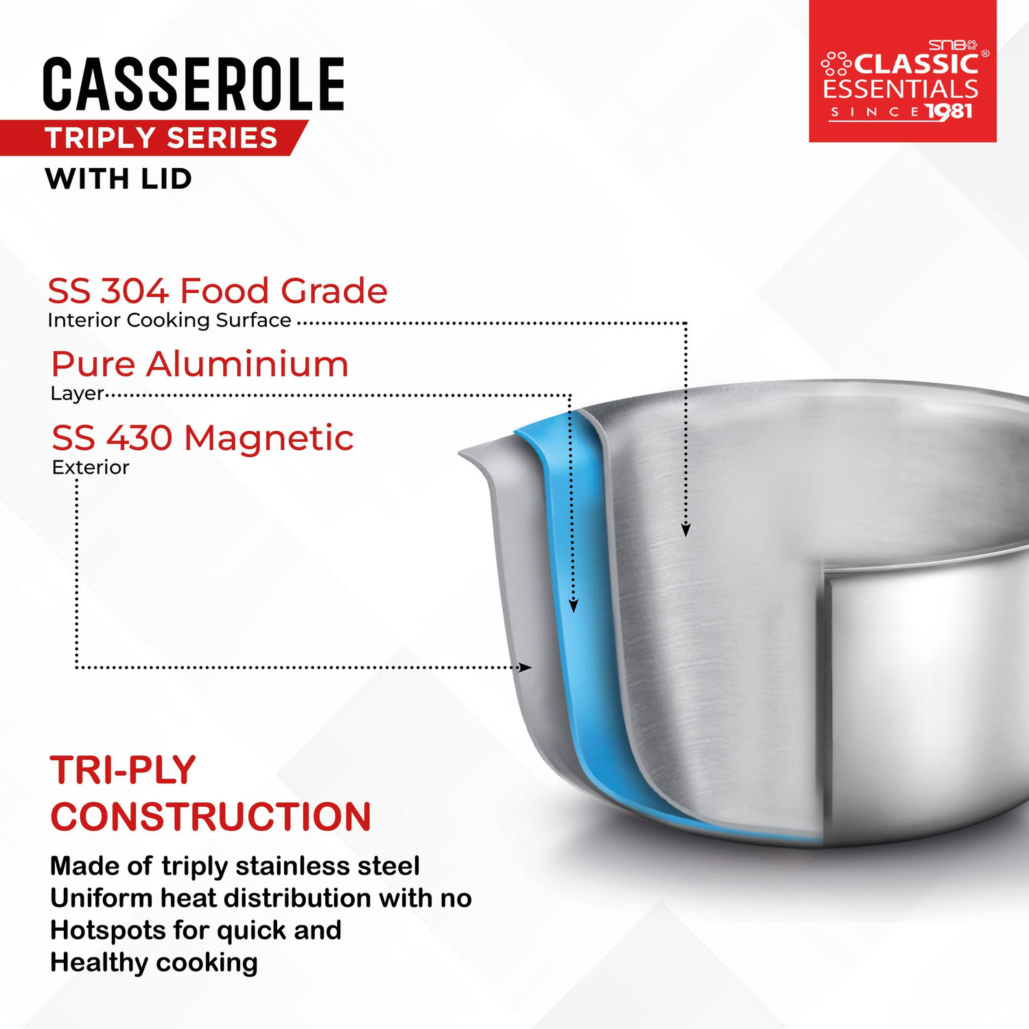 Image of Classic Essentials Triply Stainless Steel Casserole with Lid & Handle, Dia. 18cm, Biryani Pot Cook and Serve Casserole