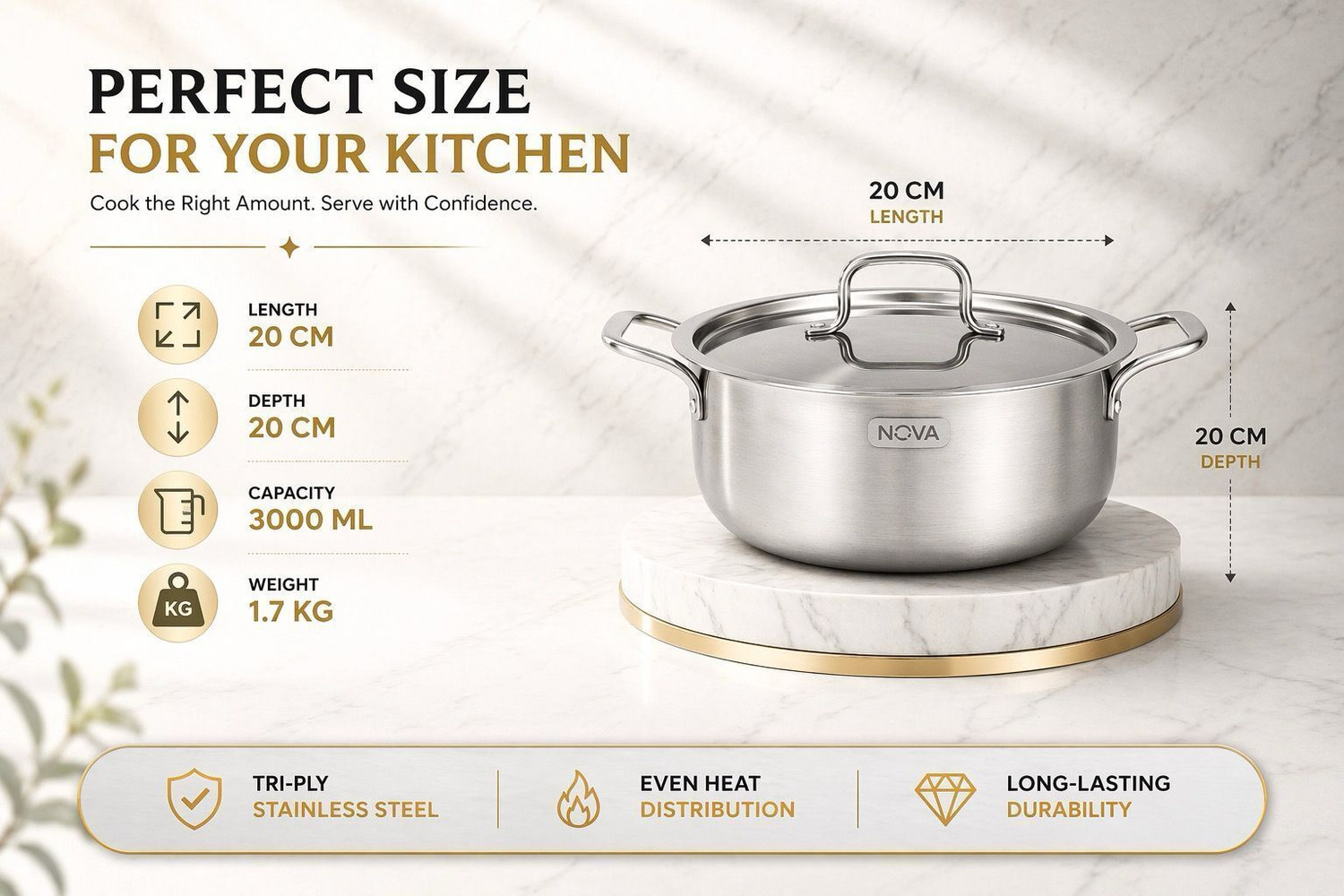 Image of NOVA NOVA TRIPLY STAINLESS STEEL CASSEROLE 24CM 5000ML Cook and Serve Casserole