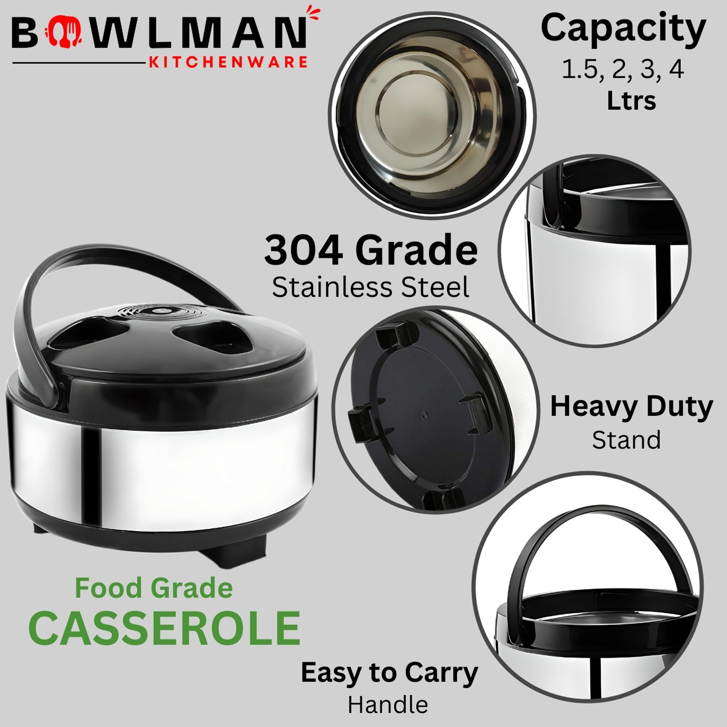 Image of BOWLMAN Hot-Pot Food Roti /Chapati Warm & Cold for Long Hour Thermal Serving Bowl Thermoware Casserole