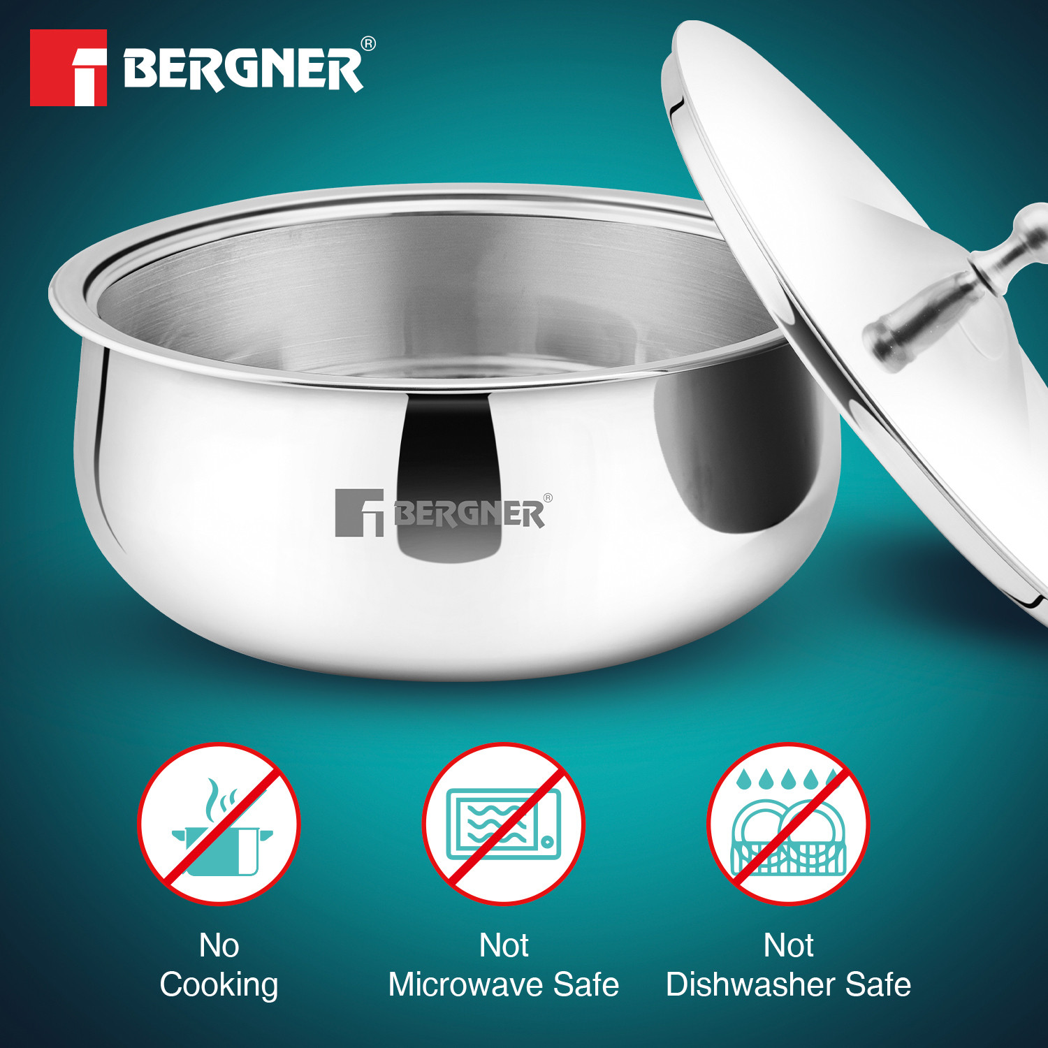 Image of BERGNER Vienna Stainless Steel 3 Pcs Junior Set of Hot Pot / Serving Casserole - Pack of 3 Cook and Serve Casserole Set