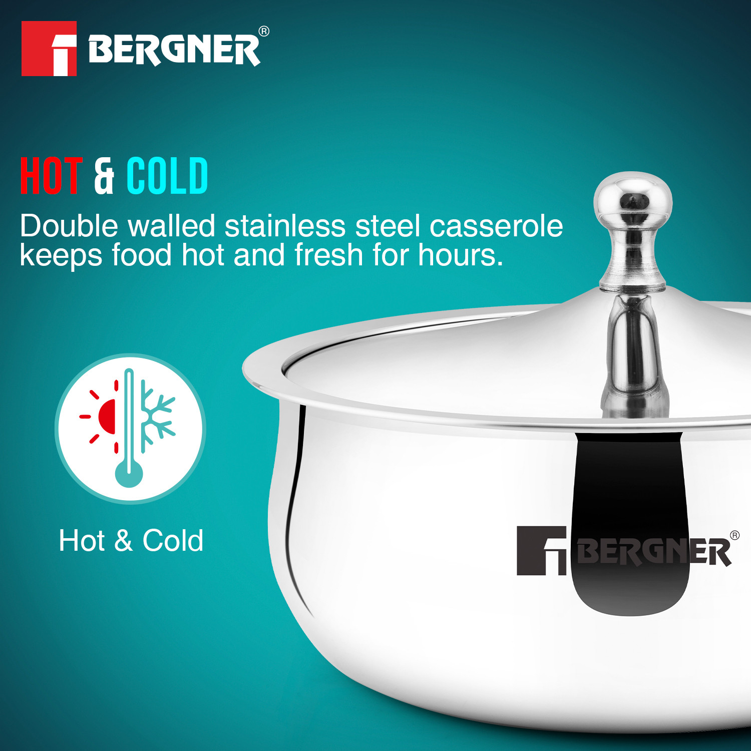 Image of BERGNER Vienna Stainless Steel 3 Pcs Junior Set of Hot Pot / Serving Casserole - Pack of 3 Cook and Serve Casserole Set
