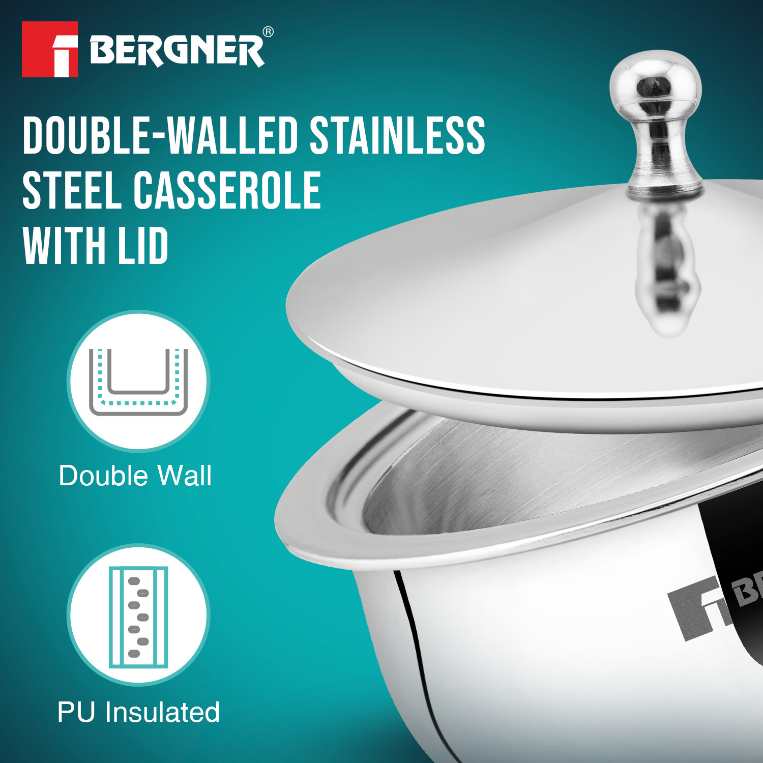 Image of BERGNER Vienna Stainless Steel 3 Pcs Junior Set of Hot Pot / Serving Casserole - Pack of 3 Cook and Serve Casserole Set