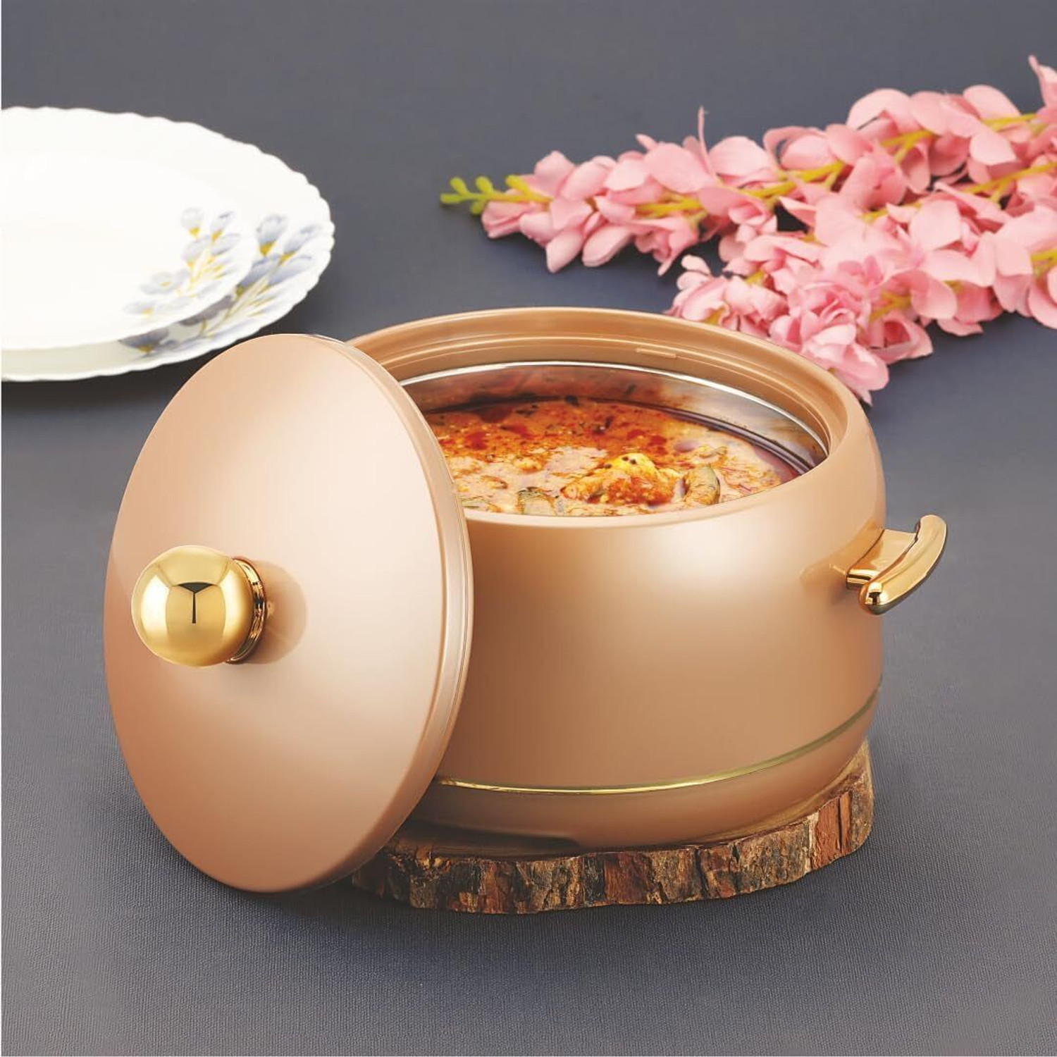 Image of MODWARE Atlantis 2000ml Inner Steel Hot Casserole Hotpot Box For Roti, Brown Serve Casserole