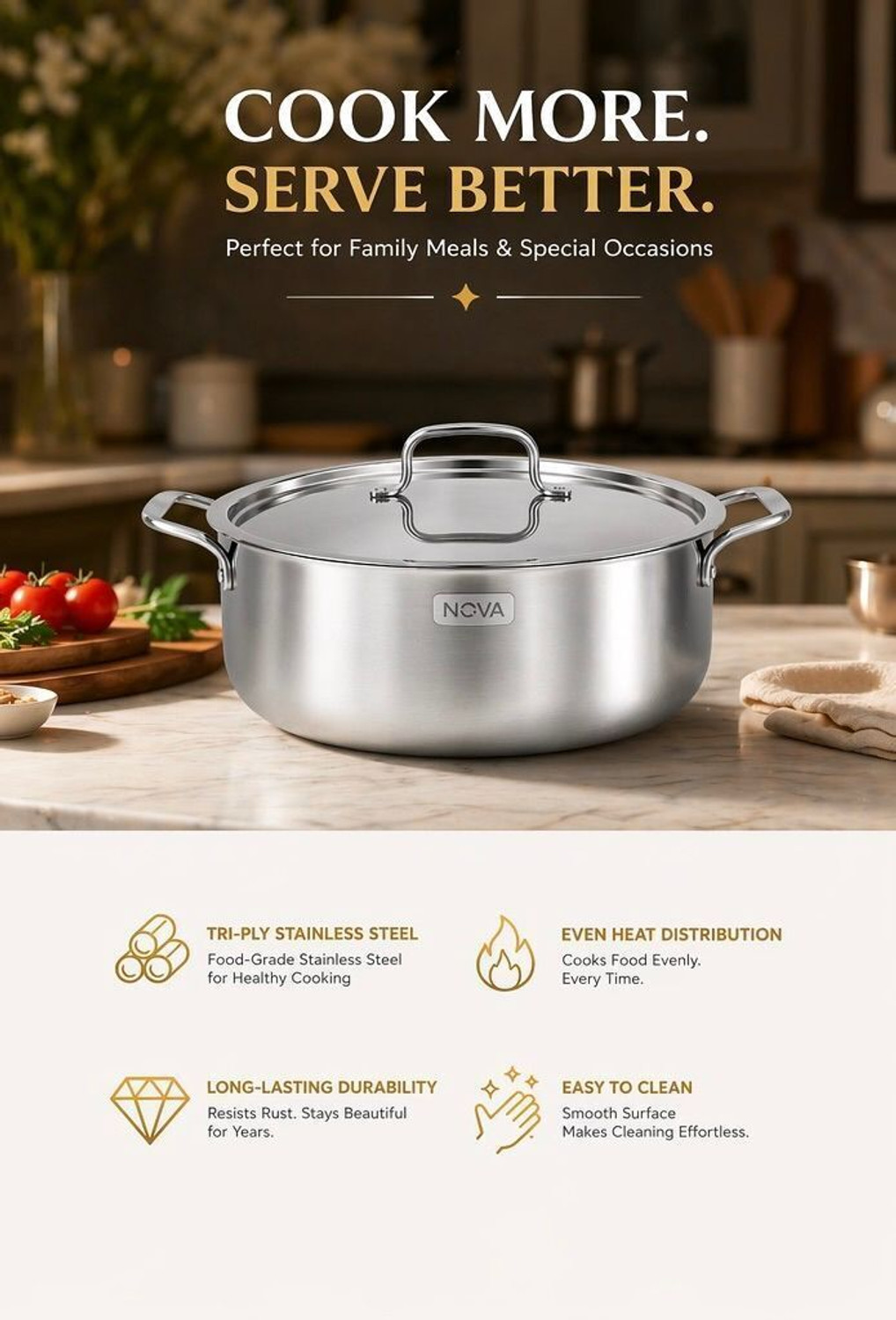 Image of NOVA NOVA TRIPLY STAINLESS STEEL CASSEROLE 24CM 5000ML Cook and Serve Casserole