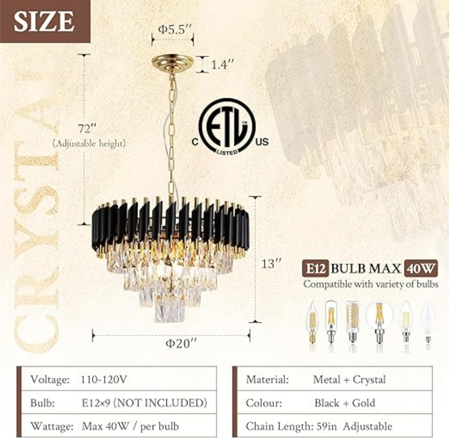 Image of Svah Luxury 4-Tiers Crystal Chandelier 500mm Gold Finish with LED Light Black-Gold Chandelier Ceiling Lamp