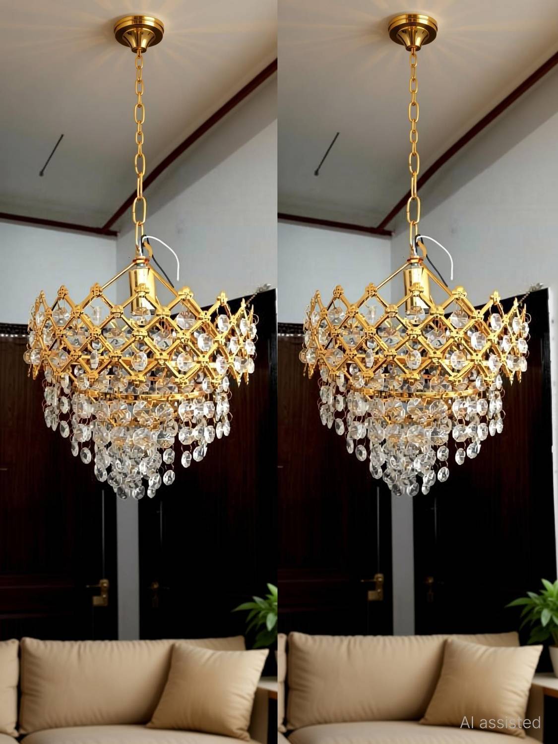 AKRIK Crystal Gold polish metal 160mm chandelier hanging ceiling jhoomer pack of 2 Chandelier Ceiling Lamp