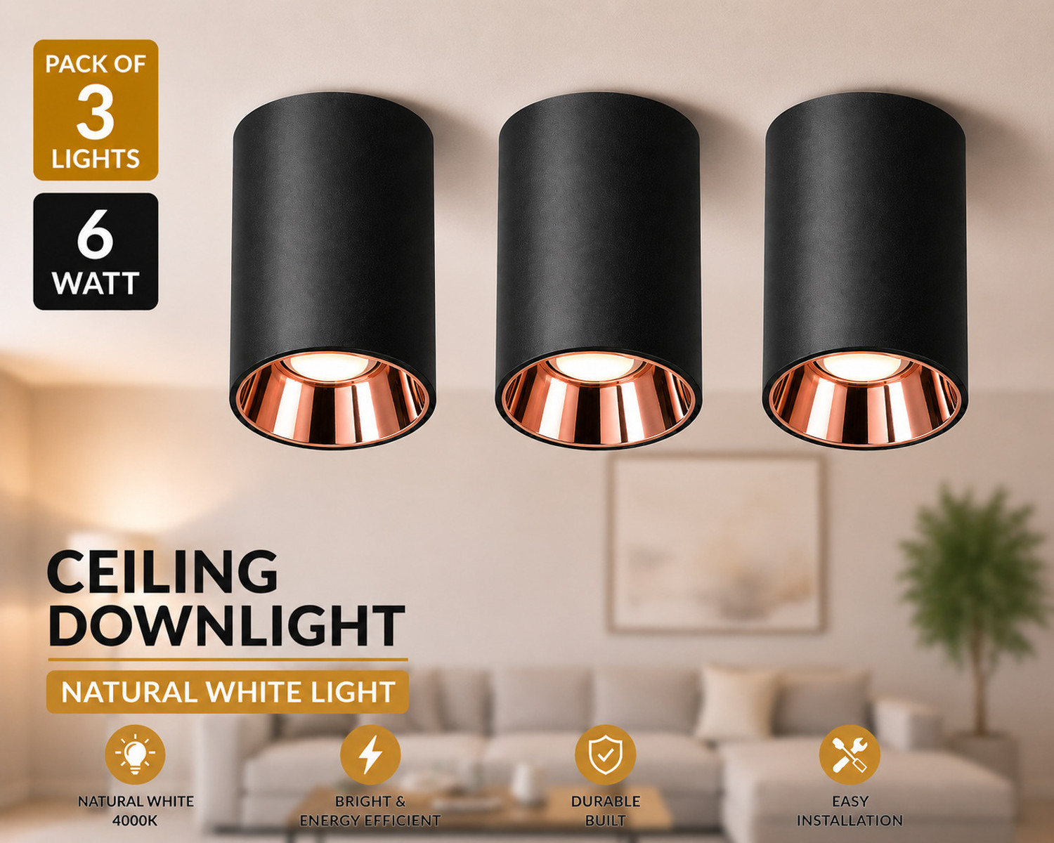 Image of Hybrix LED (6 Watt) Drum Light | Cylinder Light | Spot wall /Ceiling Surface Light, Rose Gold Chrome, IP67 Waterproof, Indoor /Outdoor Use, Optical COB LED, Black Body, Natural White Light (PACK OF 3) Post Light Outdoor Lamp