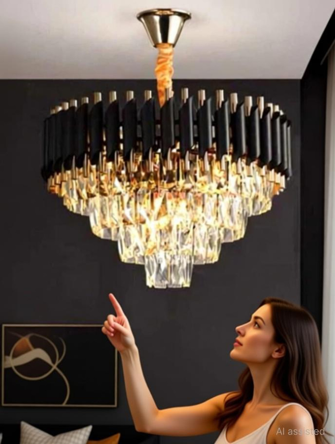 Image of Baslash 400 MM Black Mamba Round Chandelier For Living Room Bed Room Chandelier Chandelier Ceiling Lamp (Gold, Black)
