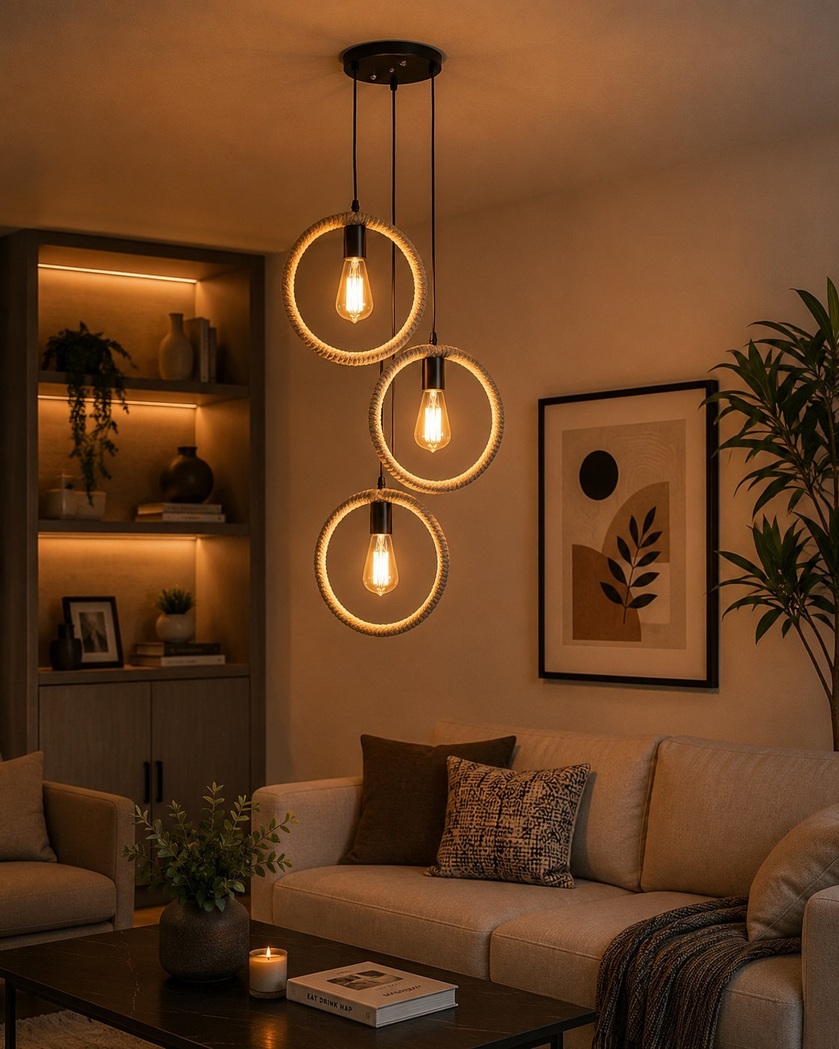 Image of DENICRAAS Metal Pendant Light Industrial 3 Light Rope Hanging Rope in circle Lamp in Black Pendant Lamp Ceiling Lamp