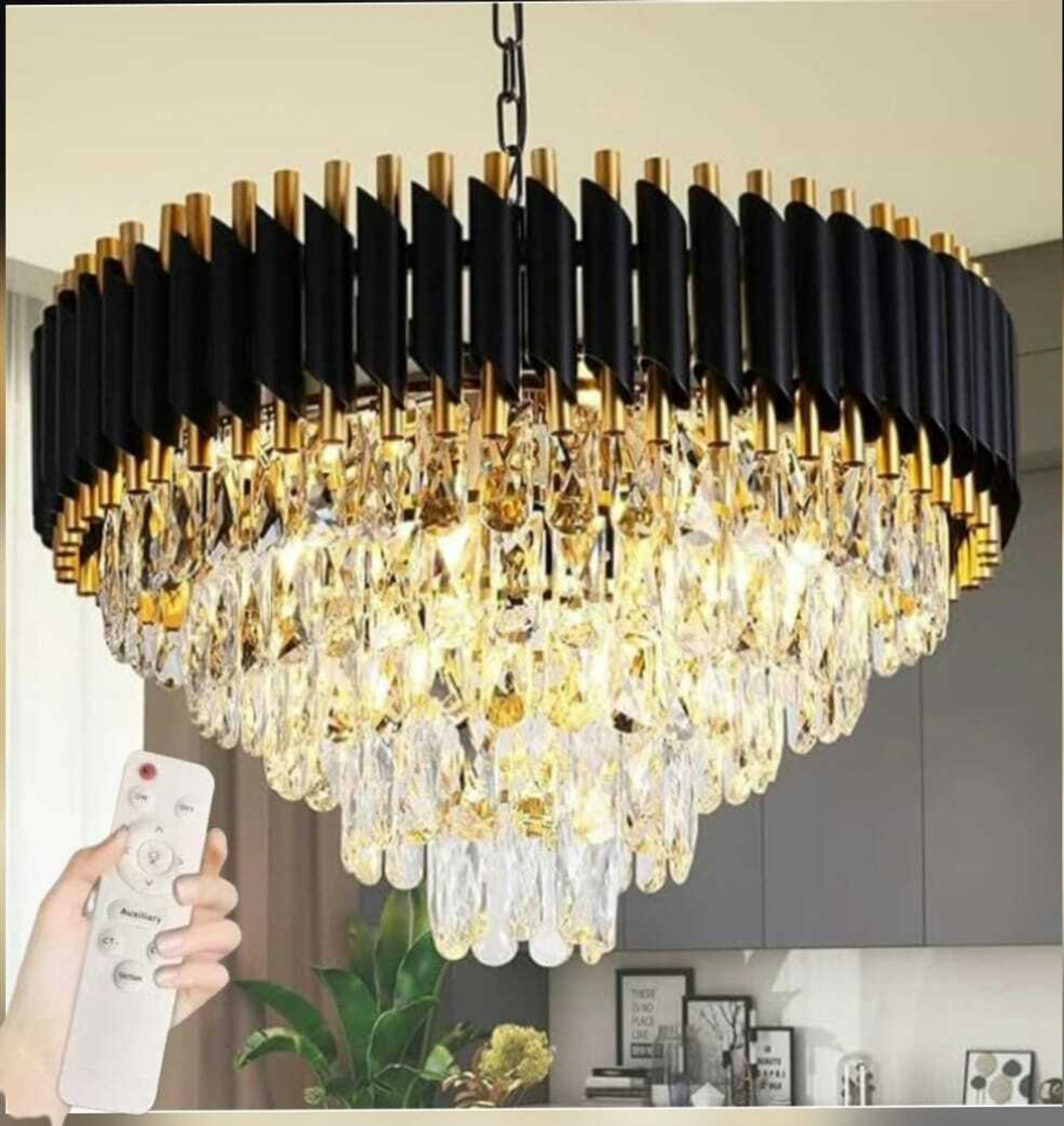 Image of KAYUV Bluetooth chandelier 600mm Black Gold color changing with Remote Moving Crystal Chandelier Ceiling Lamp