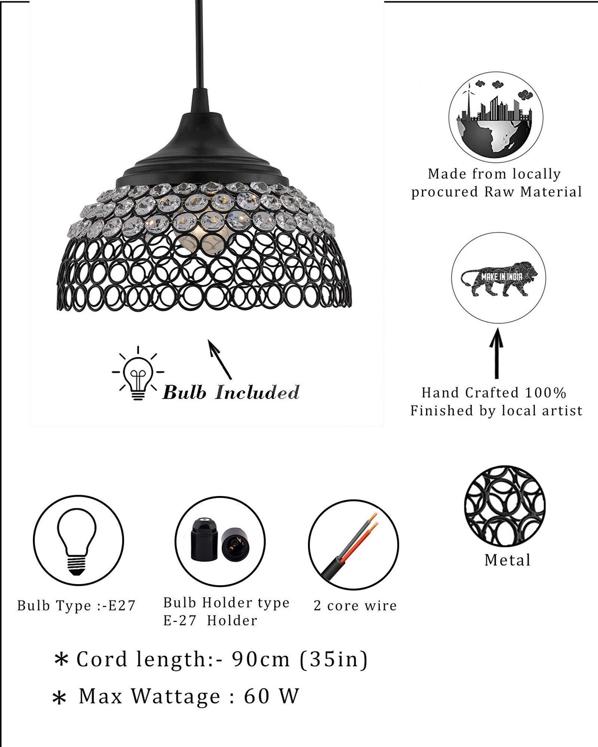 Image of Homesake Matt Black Crystal Hanging Hemisphere Light, Ceiling Light, Nordic E27 Pendant Pendant Lamp Ceiling Lamp