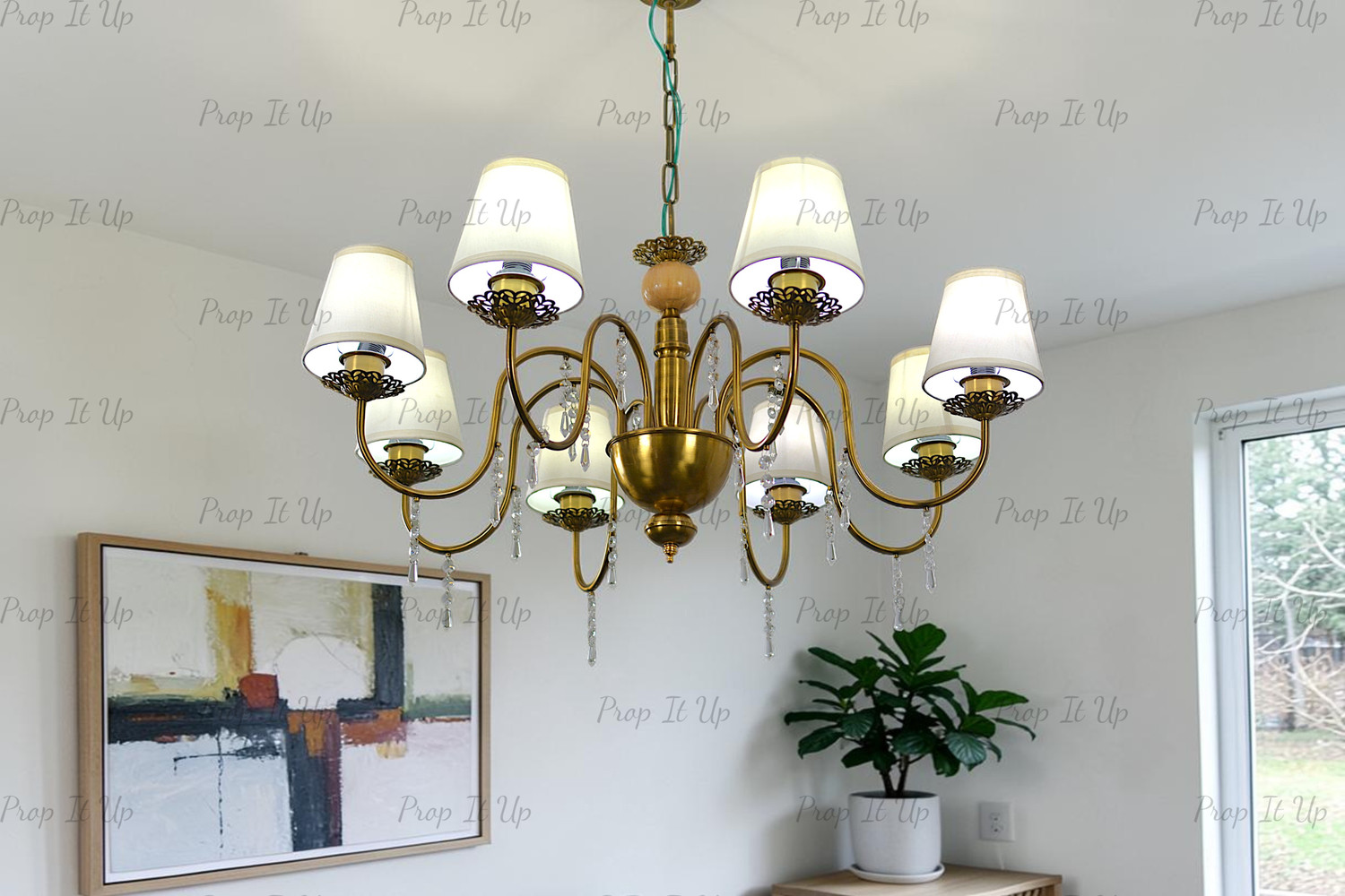 Image of Prop It Up 8 Light British Style Gold Antik Finish with Fabric Shade Pendant Hanging Light Chandelier Ceiling Lamp