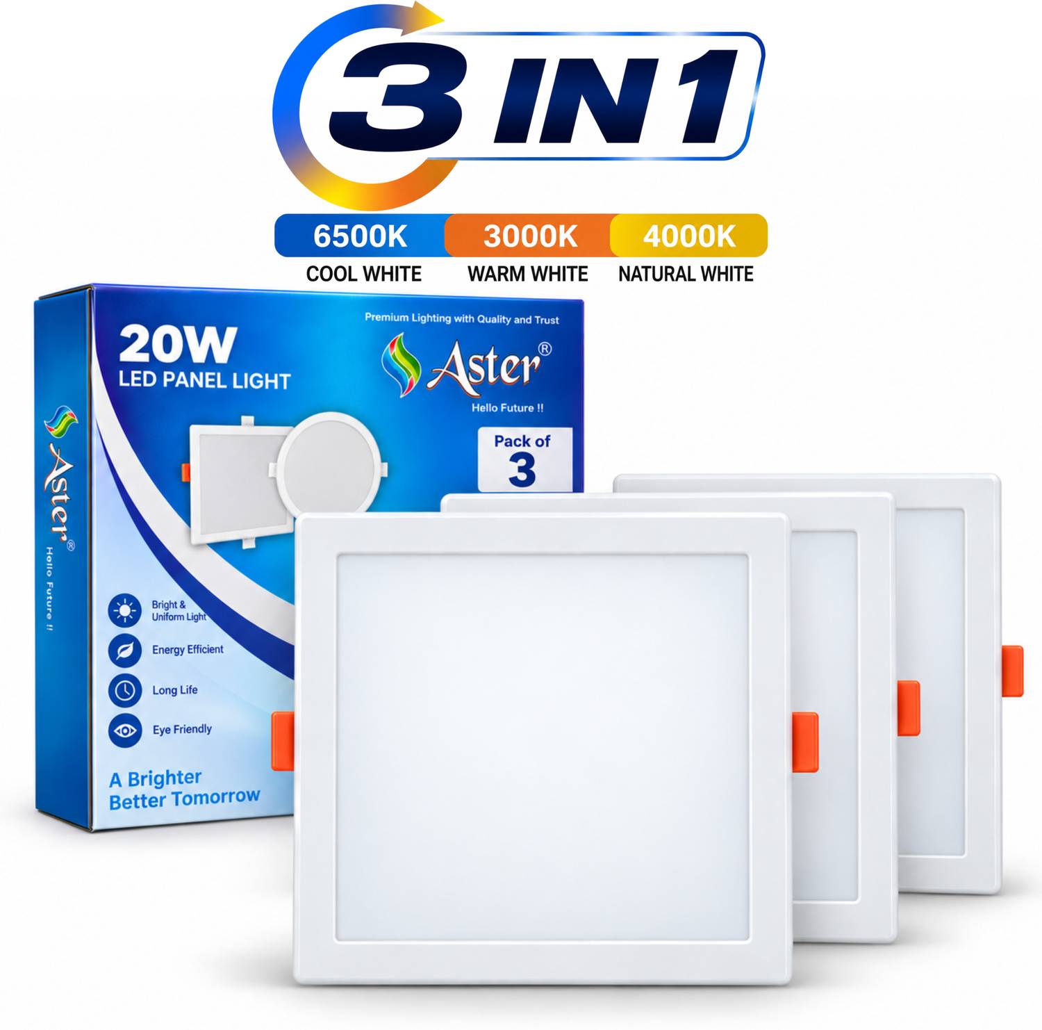 ASTER LITE 20W Square 3-in-1 Color Changing LED Panel Light/Ceiling Light (Pack of 3) Recessed Ceiling Light Ceiling Lamp