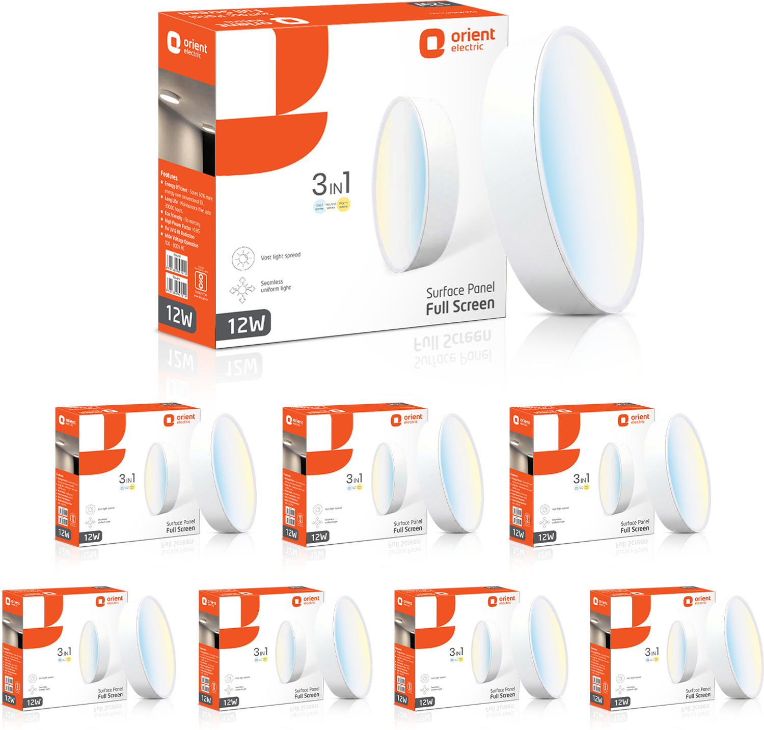 Image of Orient Electric Moodlight Surface Panel, 12W | 3CCT, Warm, Natural & Cool White |Round-Pack of 8 Surface Ceiling Light Ceiling Lamp