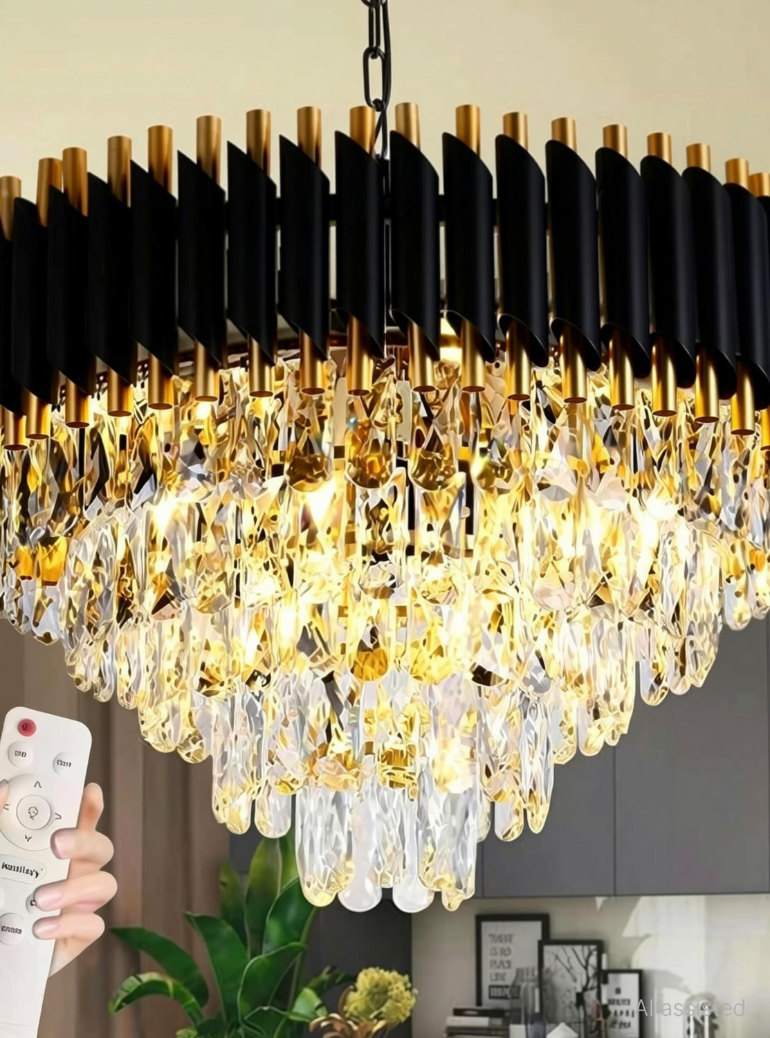 Image of KAYUV Bluetooth chandelier 600mm Black Gold color changing with Remote Moving Crystal Chandelier Ceiling Lamp