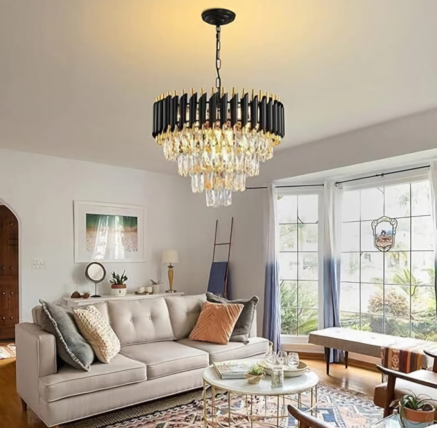 Image of KAYUV Bluetooth chandelier 600mm Black Gold color changing with Remote Moving Crystal Chandelier Ceiling Lamp