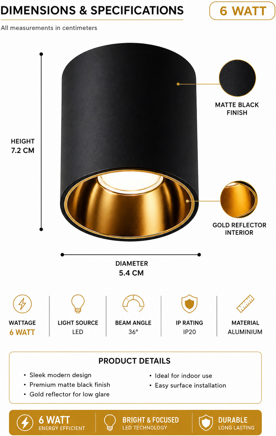 Image of Hybrix LED (6 Watt) Drum Light | Cylinder Light | Spot wall /Ceiling Surface Light, Rose Gold Chrome, IP67 Waterproof, Indoor /Outdoor Use, Optical COB LED, Black Body, Natural White Light (PACK OF 3) Post Light Outdoor Lamp